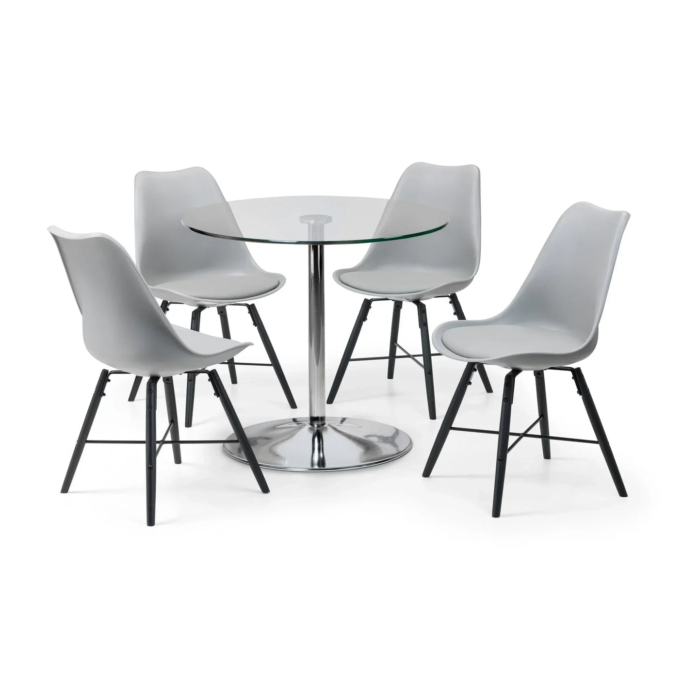 Round glass dining table with chrome base and four grey dining chairs