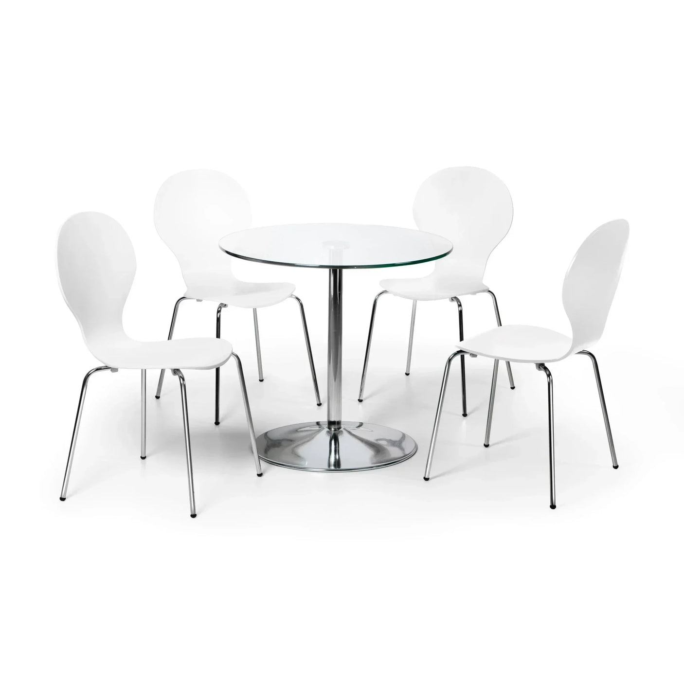 Round glass dining table with chrome base and four white dining chairs
