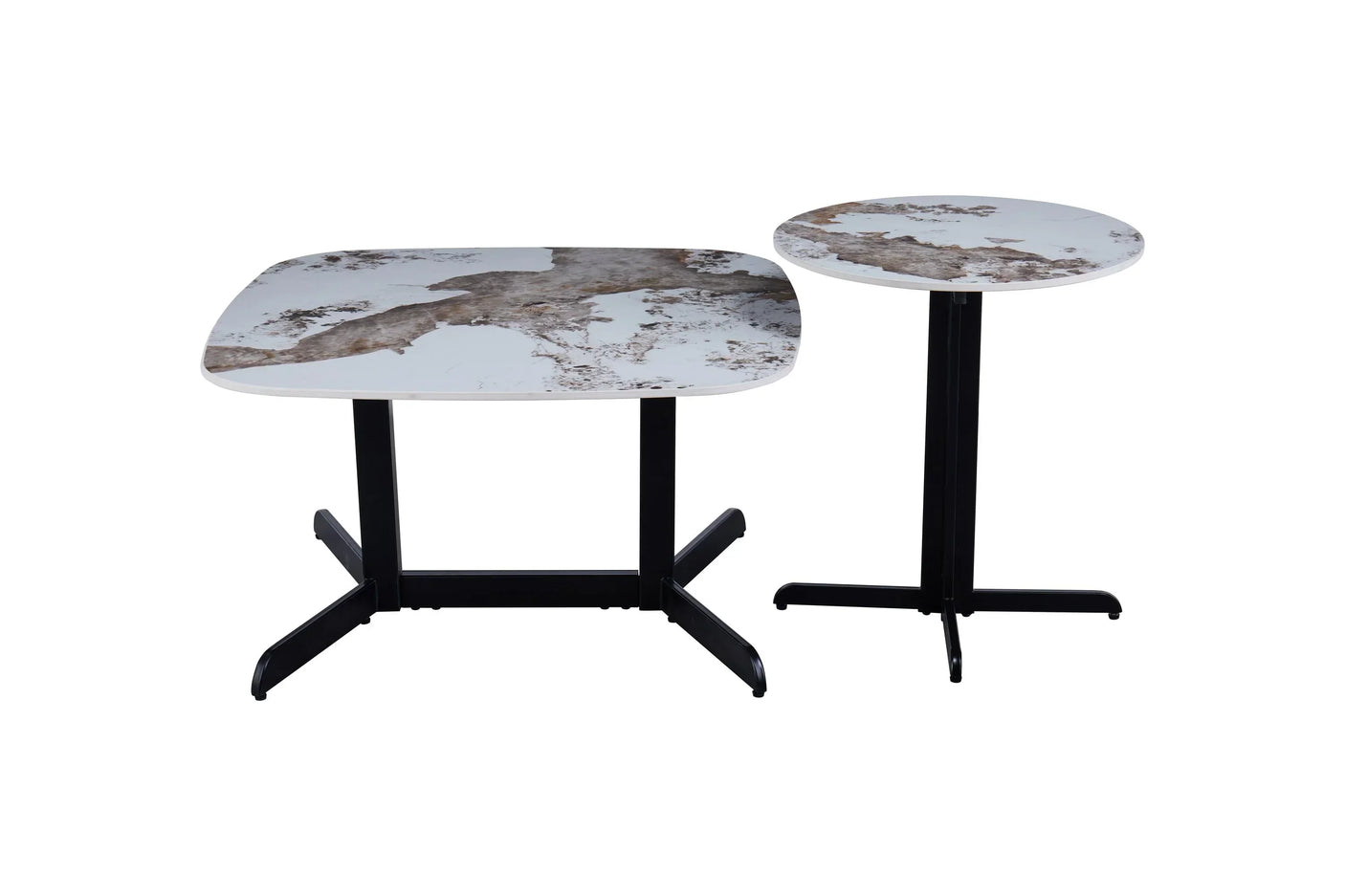 Marble top coffee table and lamp table set with black metal legs on white background