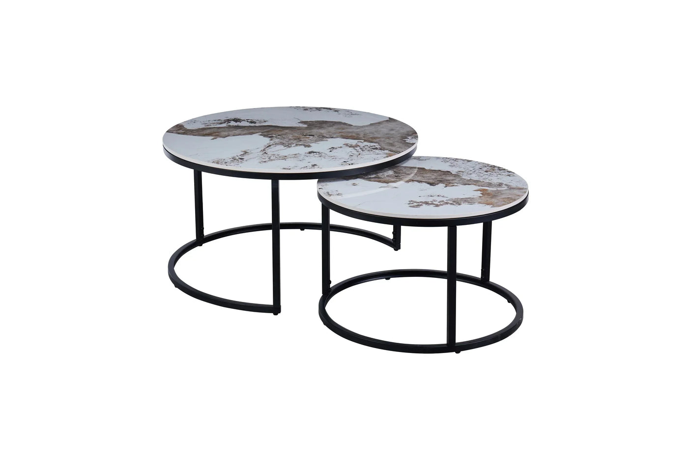 Round marble effect nest of tables with black metal frames on white background
