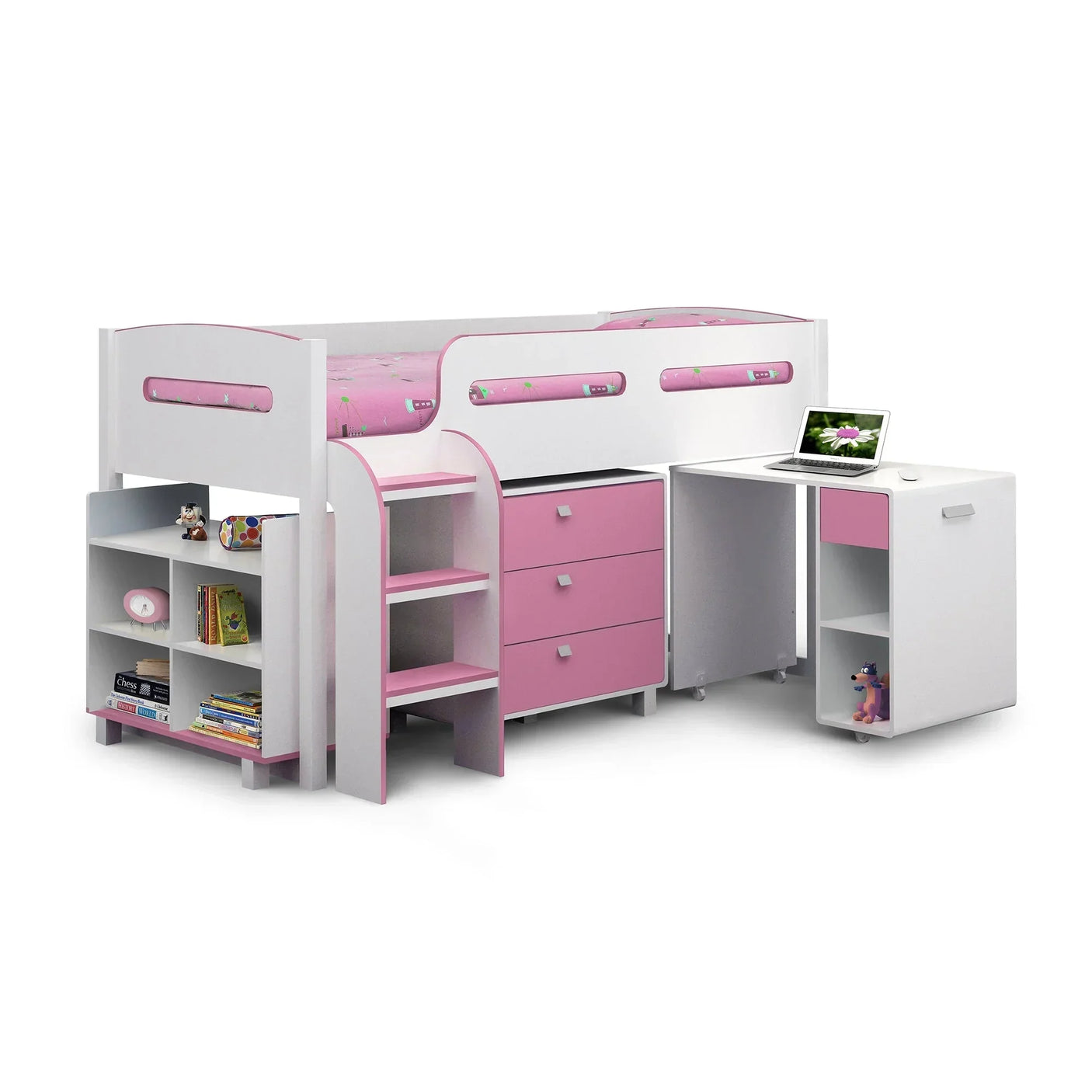Pink cabin bed with drawers, bookshelf, ladder, and pull-out desk for kids