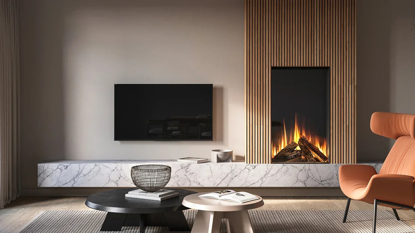 Marble TV unit with wall-mounted television, modern fireplace and accent chair in living room
