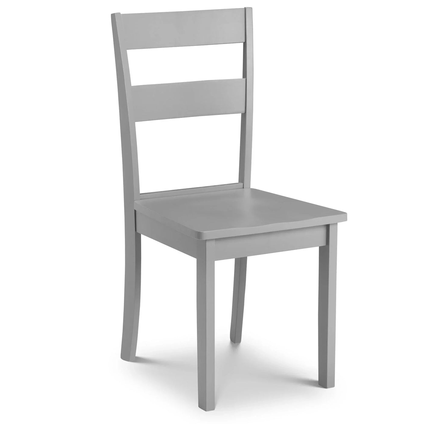 Grey wooden dining chair with slatted backrest and straight legs, angled front view