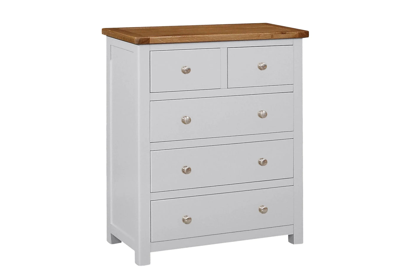 White 5 drawer chest with oak top and silver knobs, shown from front angle