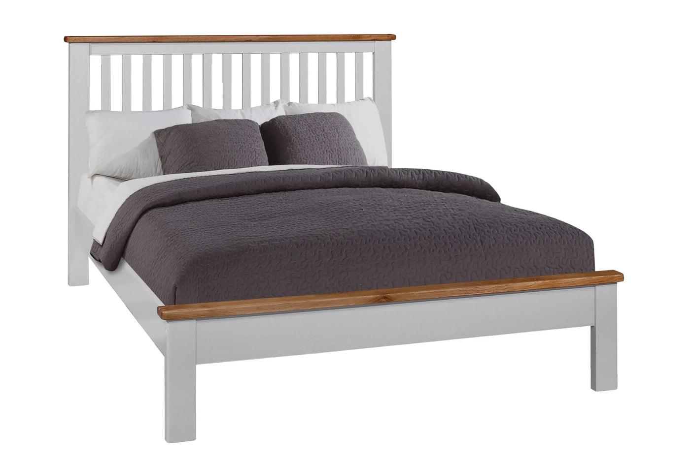 Wooden bed frame with white slatted headboard and footboard, grey bedding and pillows