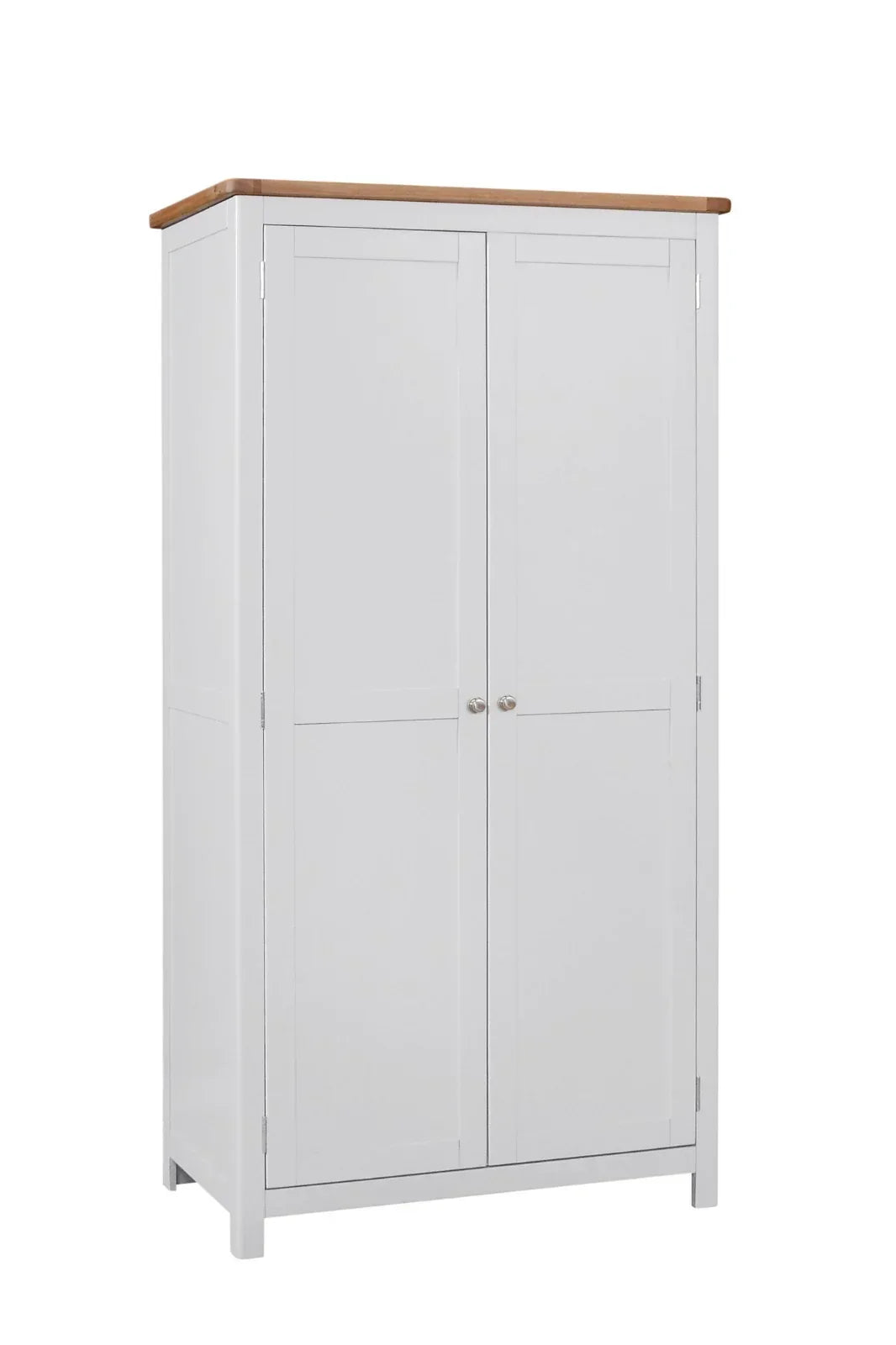 White wardrobe with two panel doors and oak top, suitable for bedroom storage