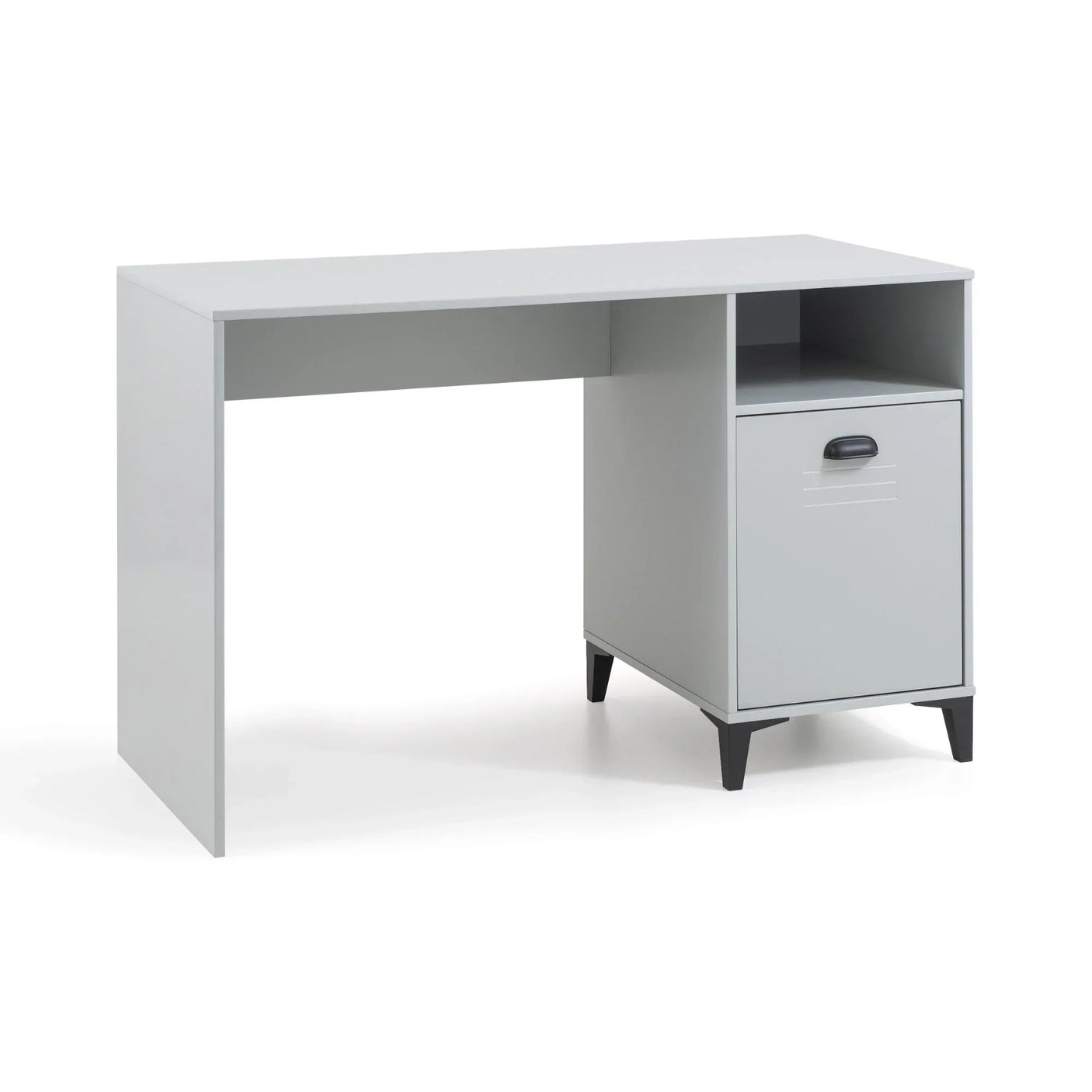 Light grey desk with storage cabinet, black legs, open shelf, modern home office furniture