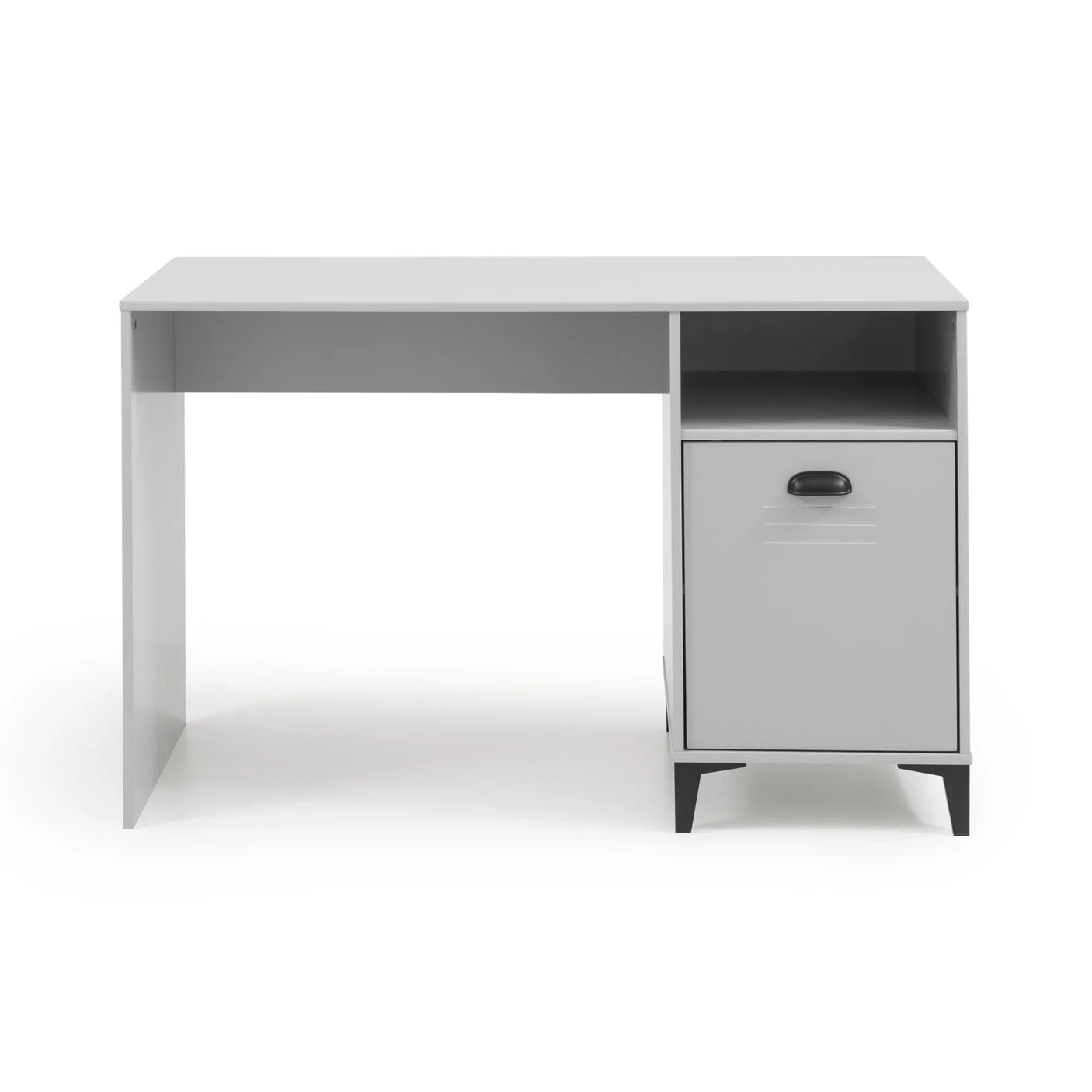 Grey office desk with storage shelf and metal handle locker, front view