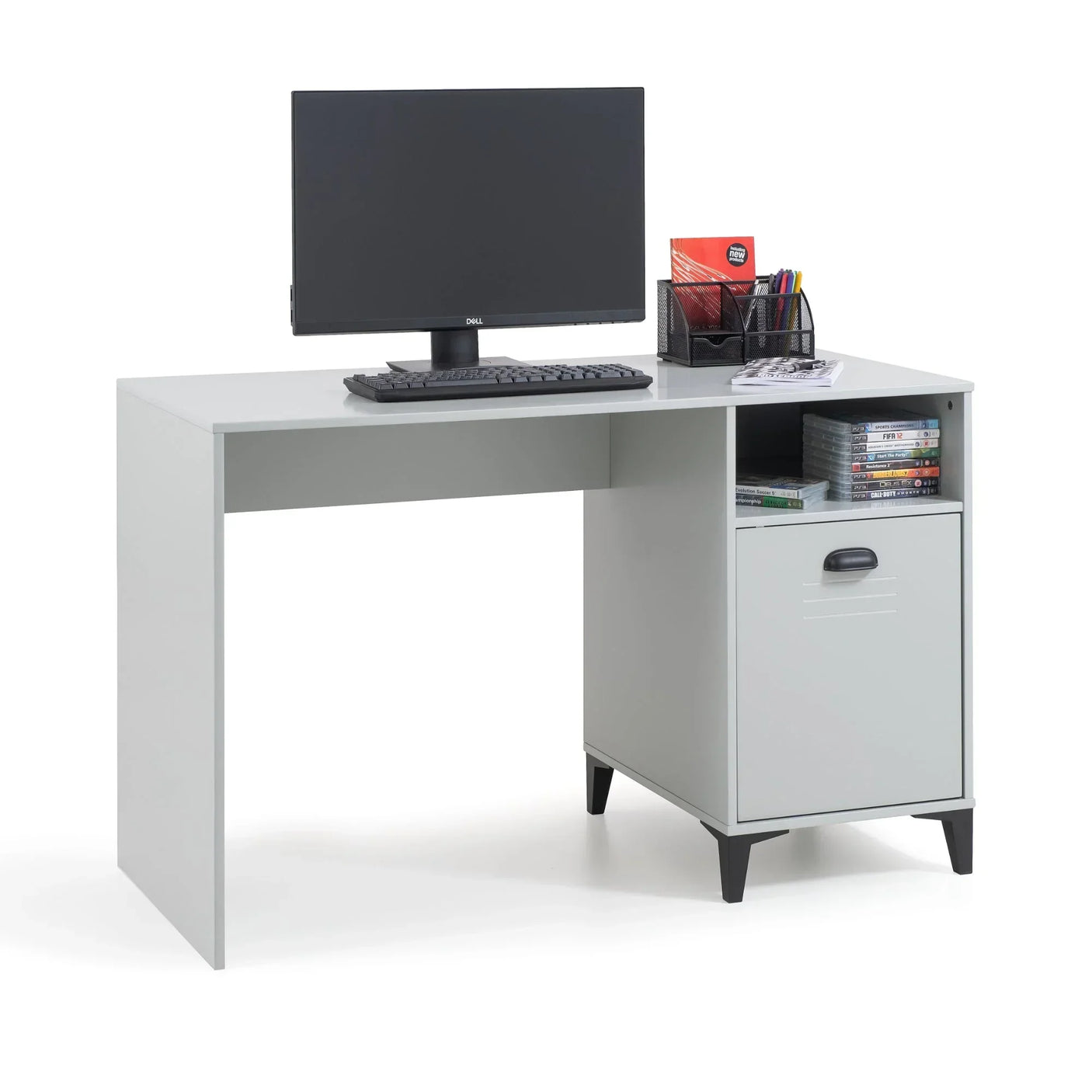 White office desk with computer, drawer, open shelf, and stationery organizer