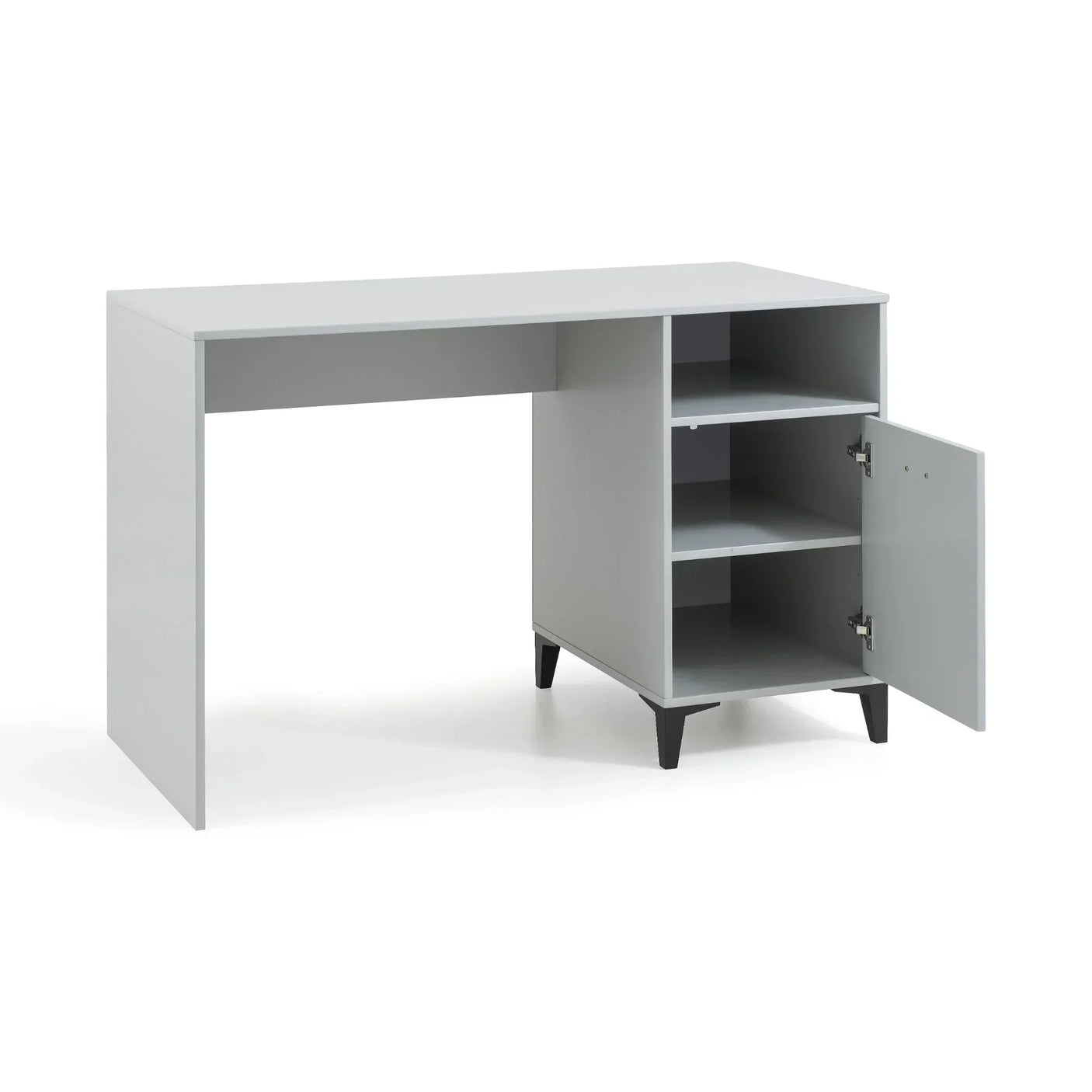 Grey office desk with storage shelves and open cabinet door on black legs