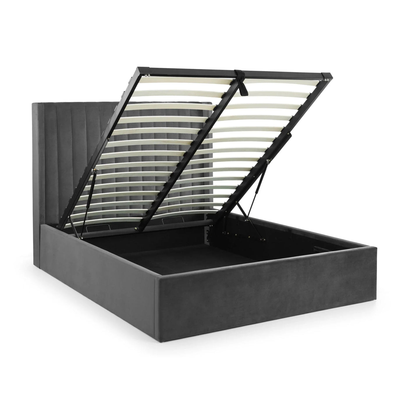 Grey ottoman storage bed with lifted slatted frame and vertical panel headboard