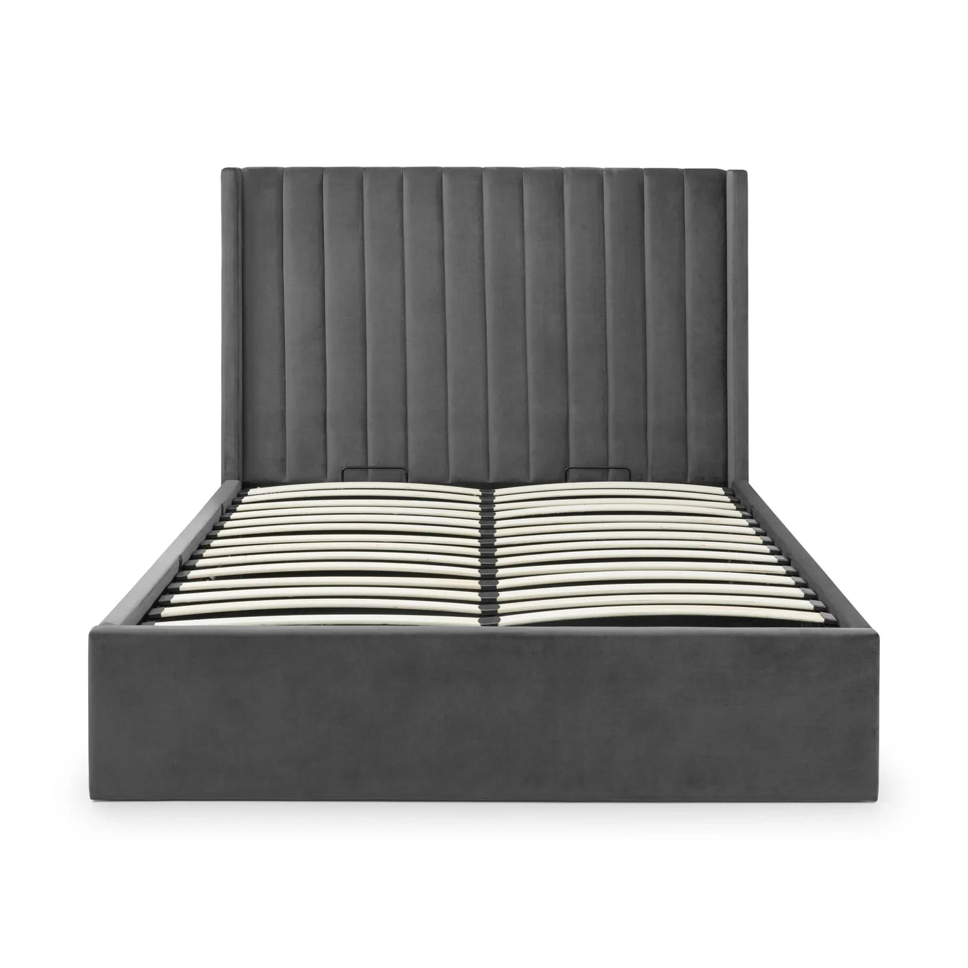 Grey upholstered bed frame with vertical panel headboard and wooden slatted base, front view