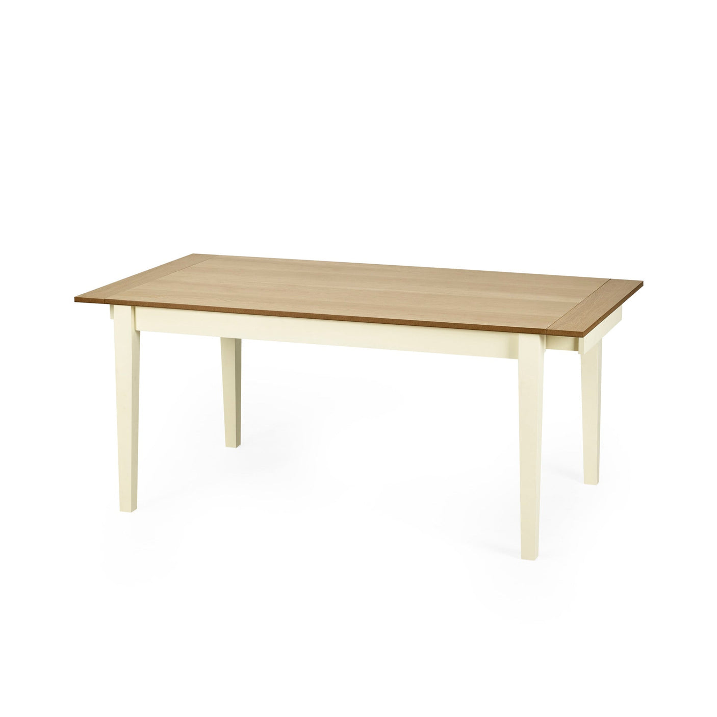 Rectangular dining table with light wood top and cream legs, isolated on white background, extension visible