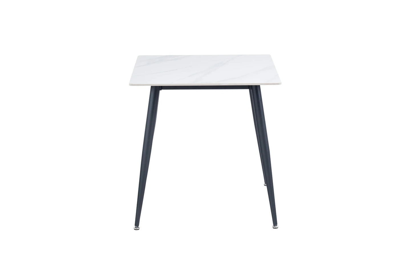 Square marble dining table with black metal legs, modern design, front angle view
