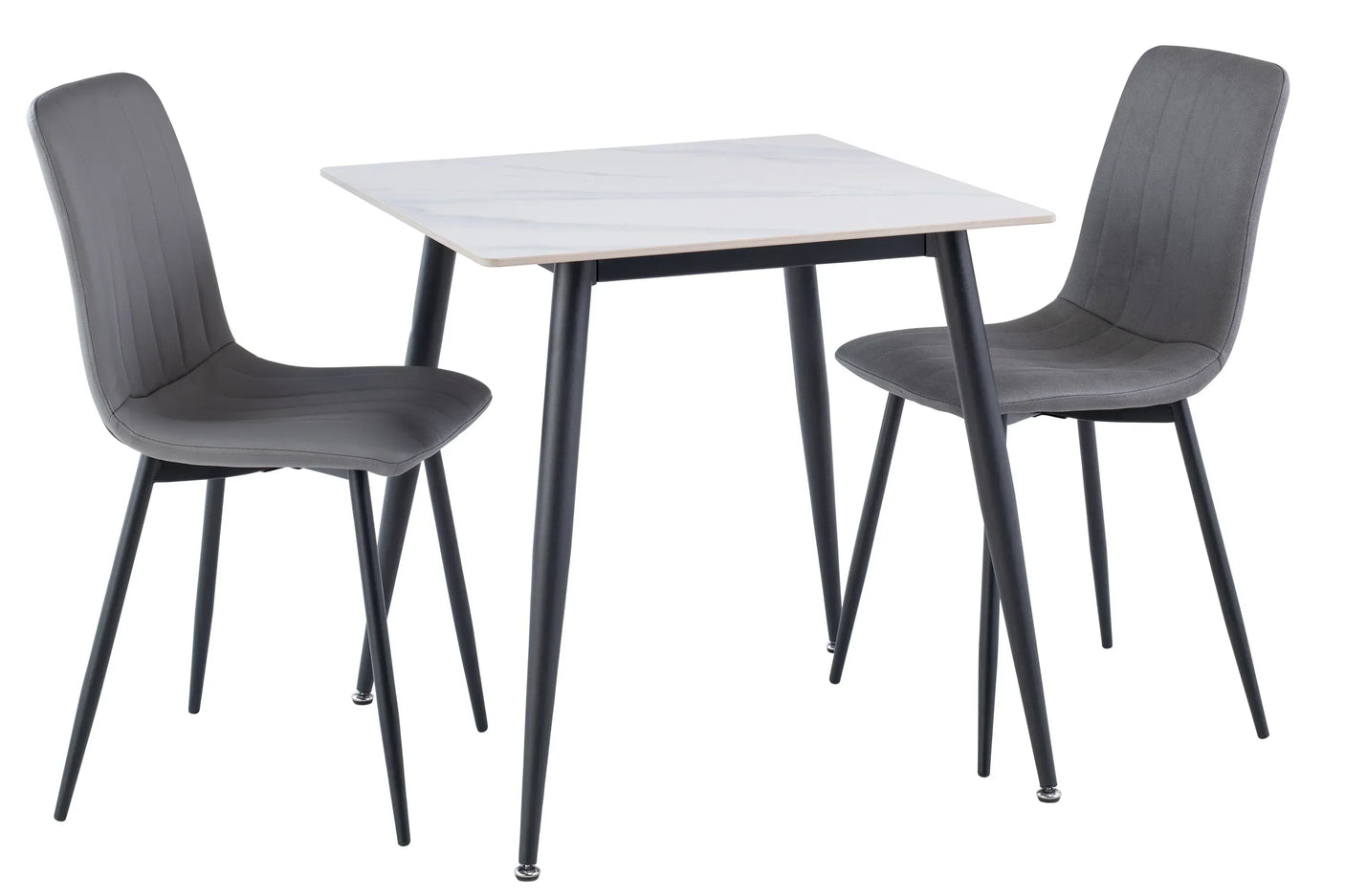Grey dining set with two upholstered chairs and square marble-effect table