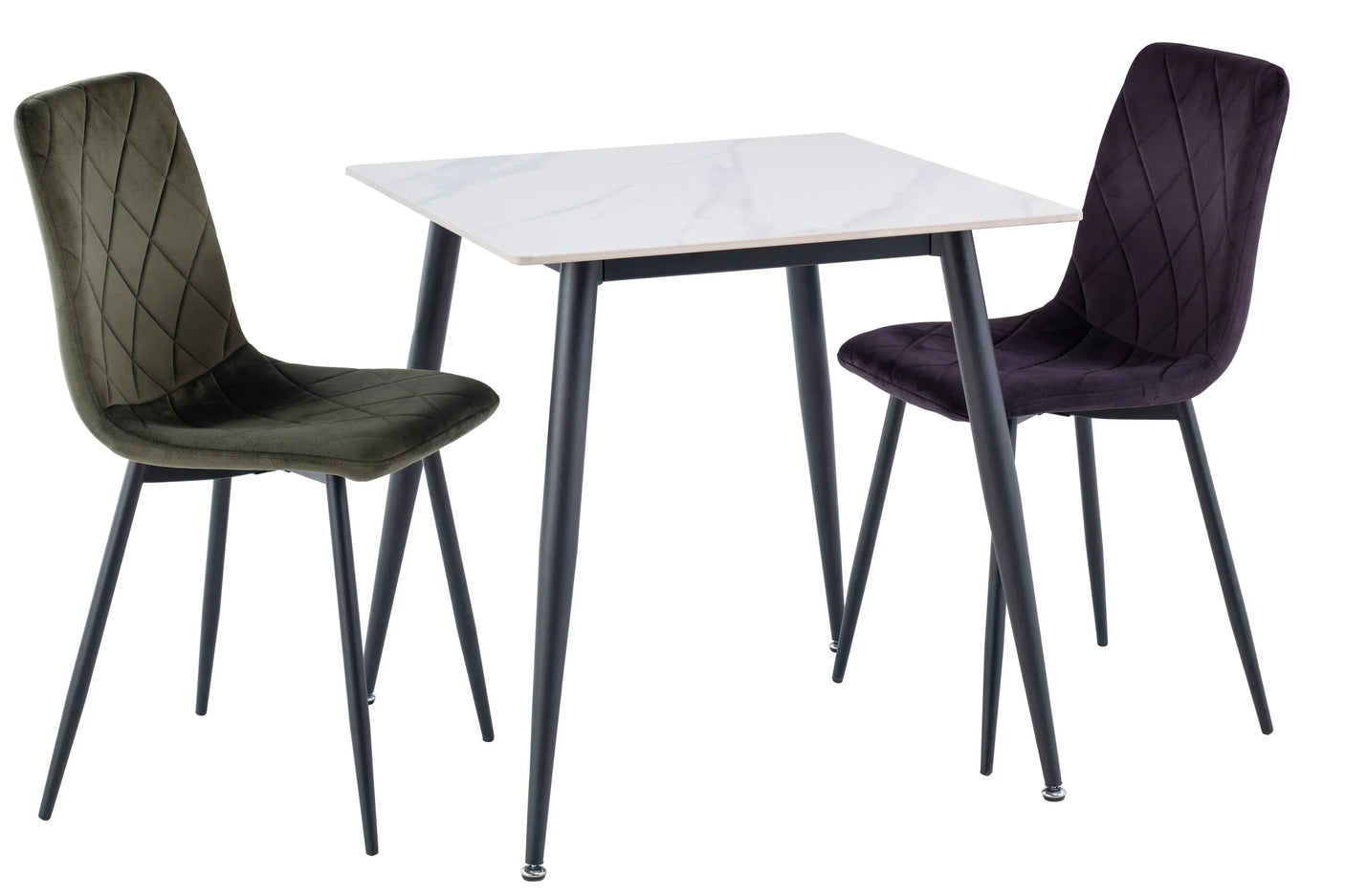 Modern marble dining table with green and purple velvet chairs, black metal legs