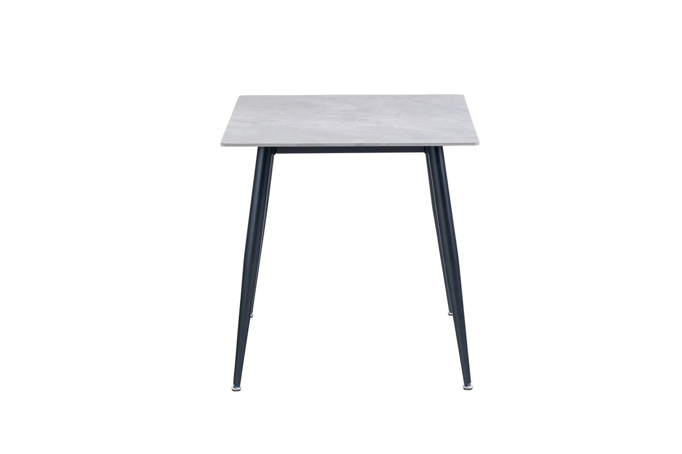 Square dining table with grey marble-effect top and black metal legs, front view