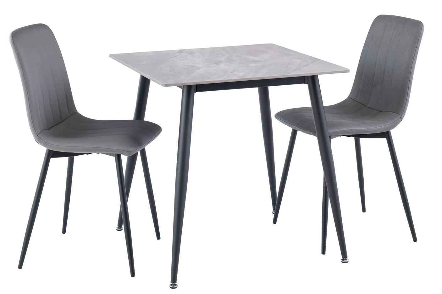 Grey dining table set with two upholstered chairs and black metal legs