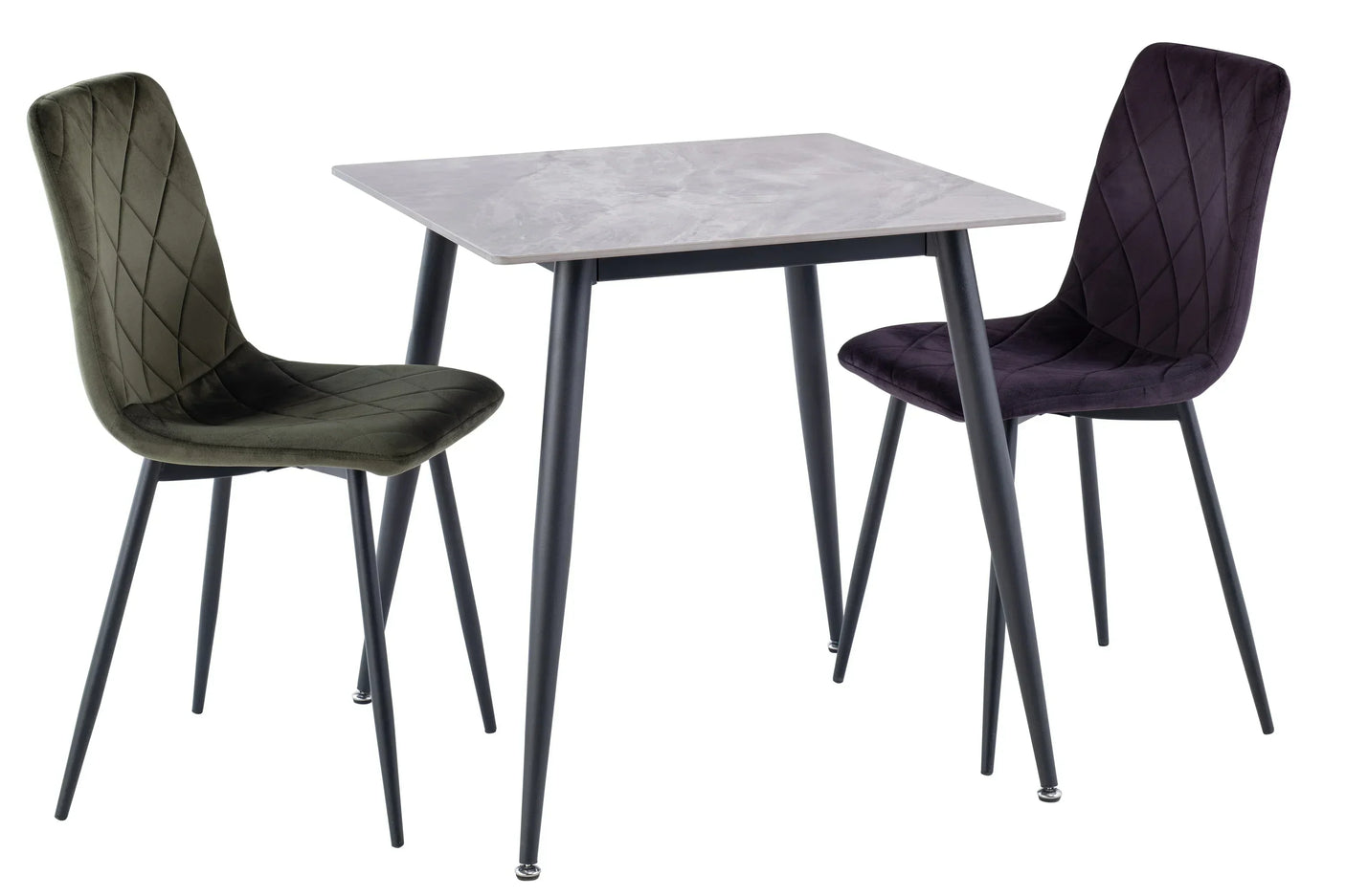 Velvet dining chair with diamond quilted backrest next to square marble dining table