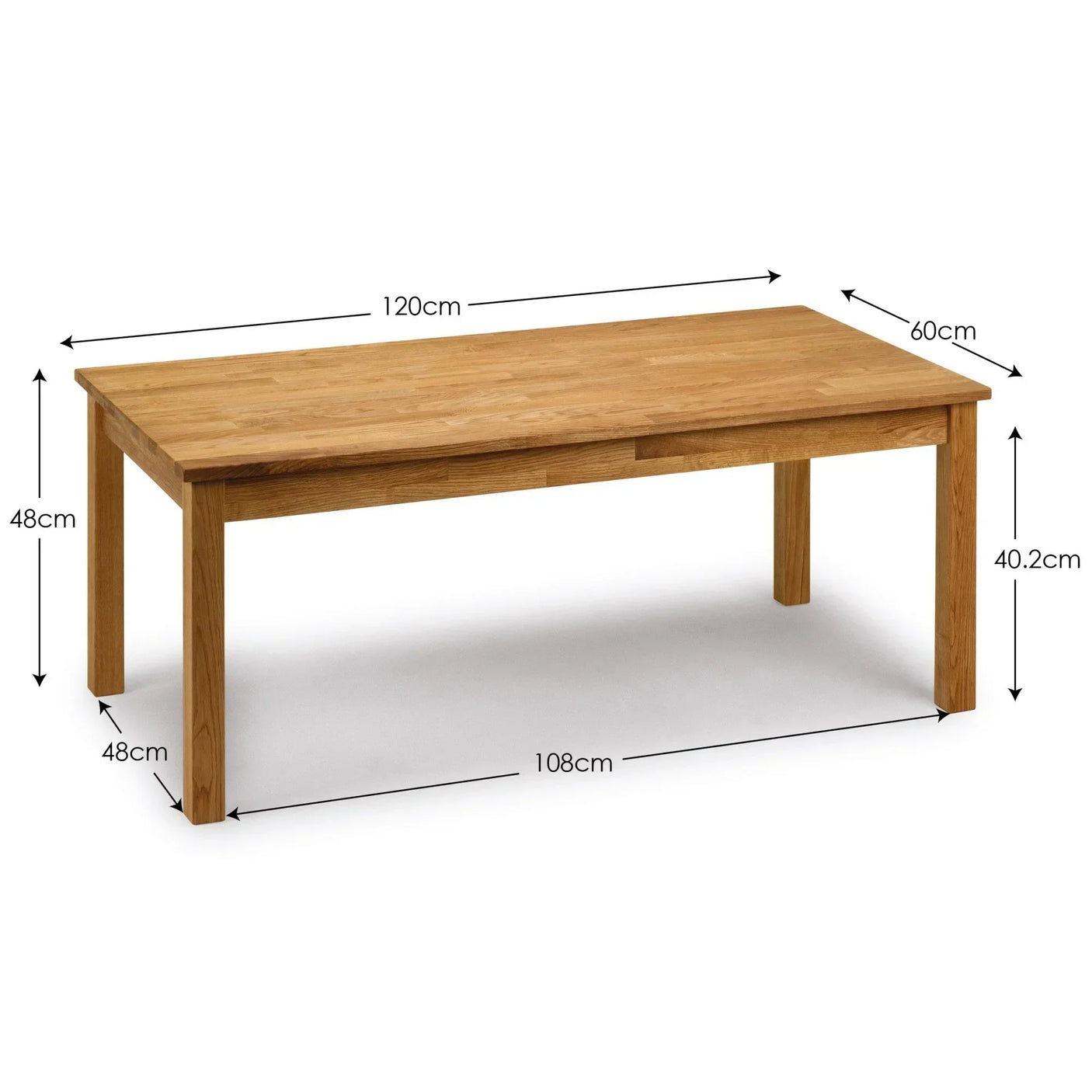 Rectangular oak dining table with visible dimensions and sturdy legs on white background