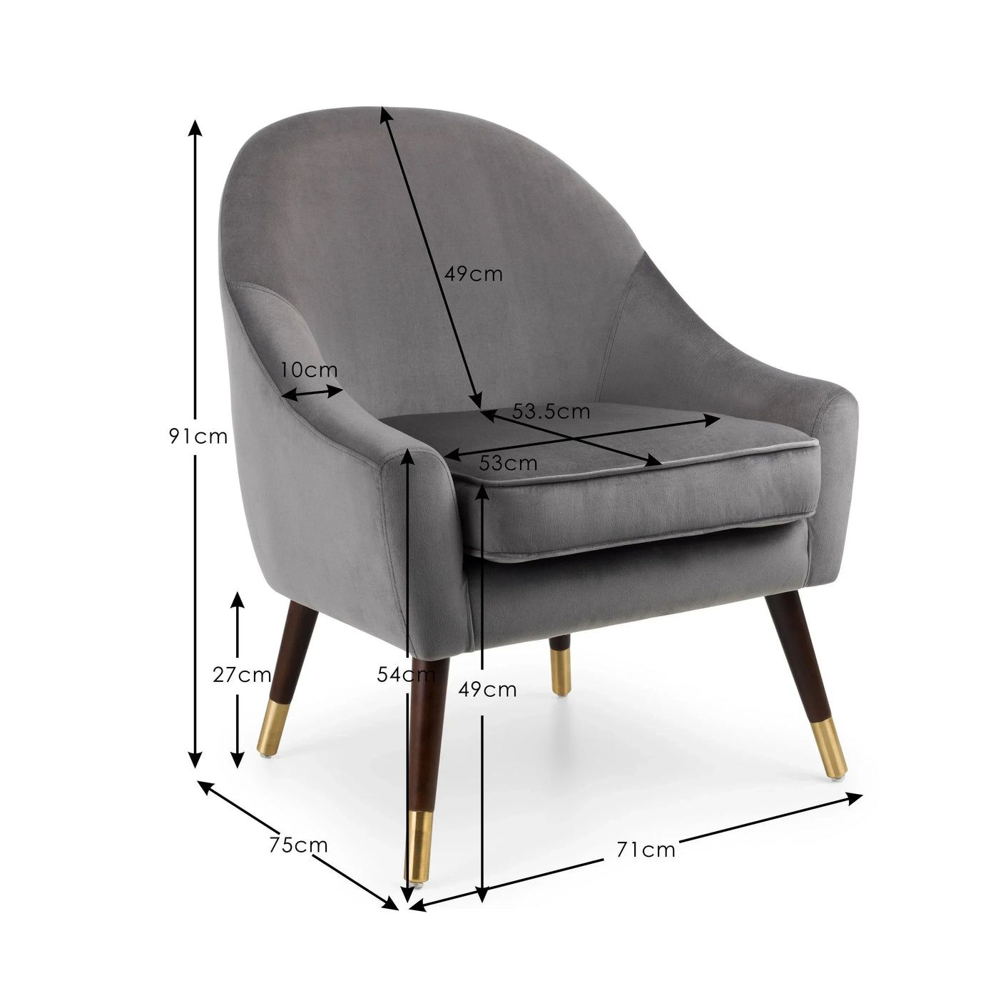 Grey accent chair with gold-tipped wooden legs and visible seat dimensions