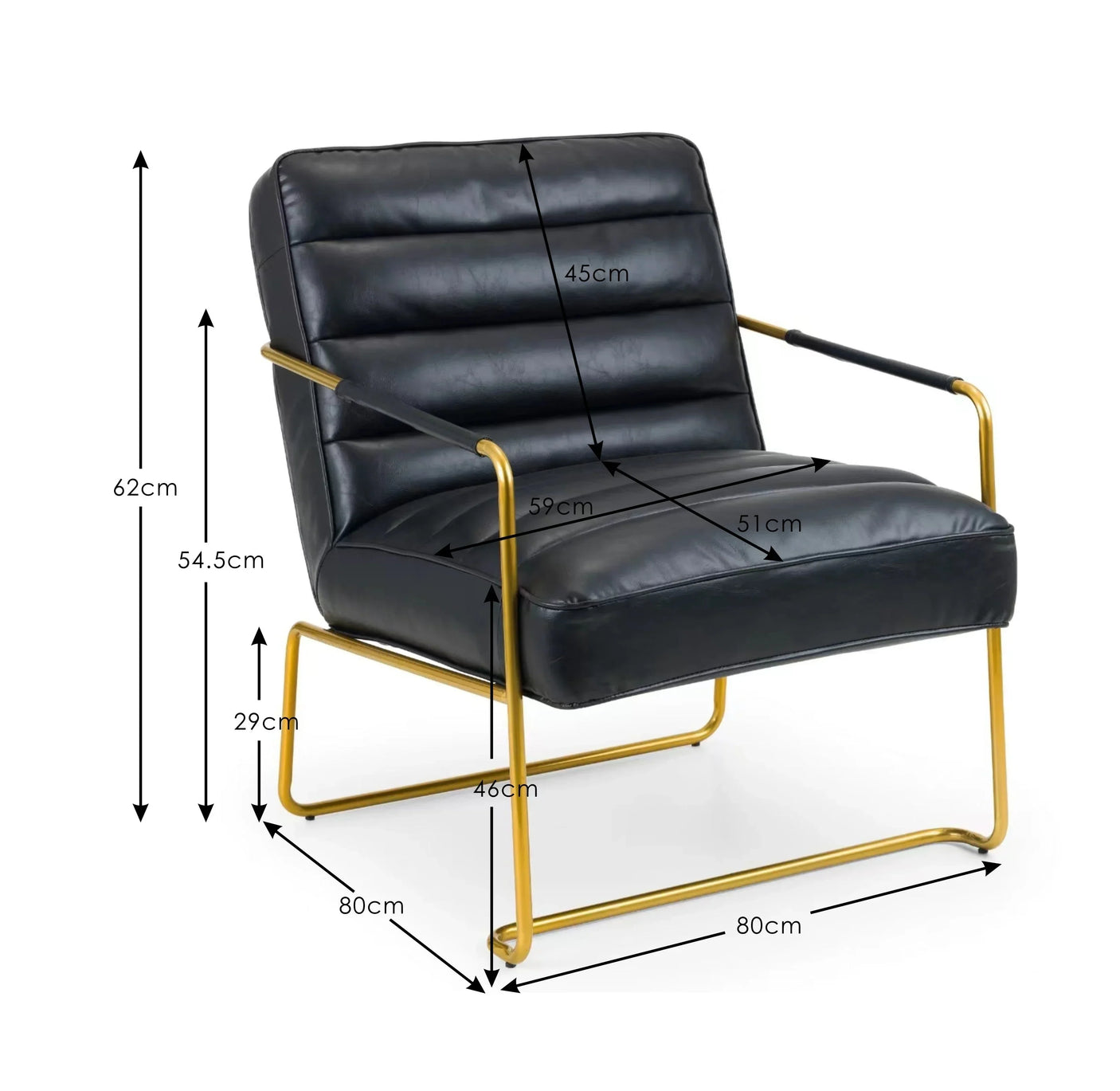 Black leather accent chair with gold metal frame and visible measurements