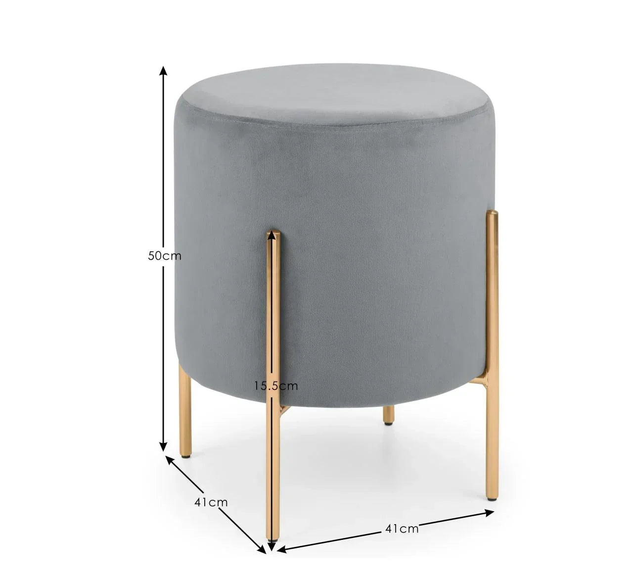 Grey round velvet footstool with gold legs and measurements shown