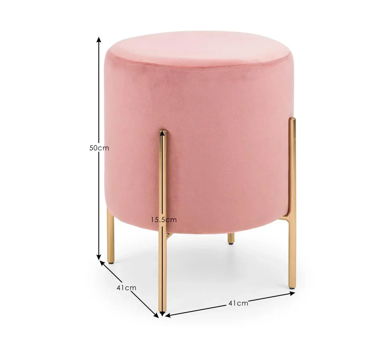 Pink velvet footstool with gold metal legs, round shape, dimensions marked in centimeters