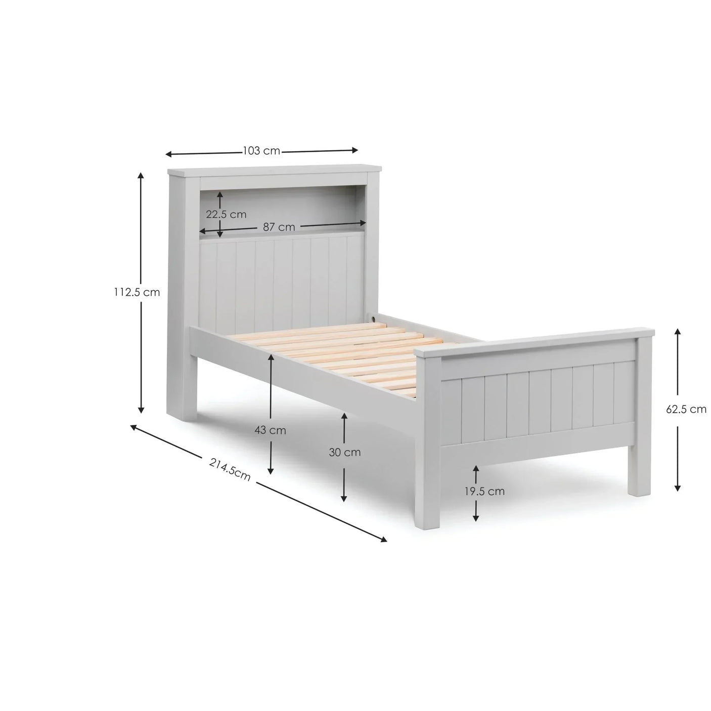 Single grey wooden bed frame with slatted base and headboard shelf, dimension details shown