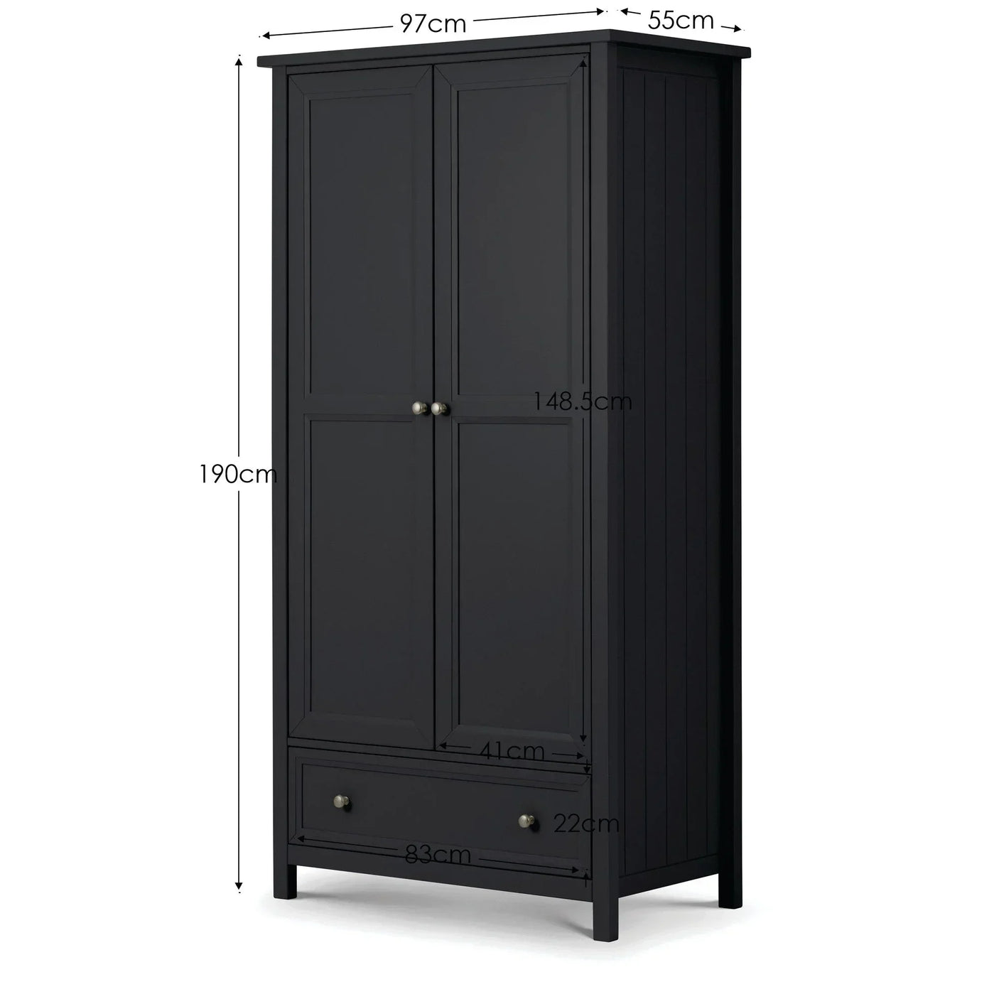 Black wooden wardrobe with two doors, drawer and listed measurements