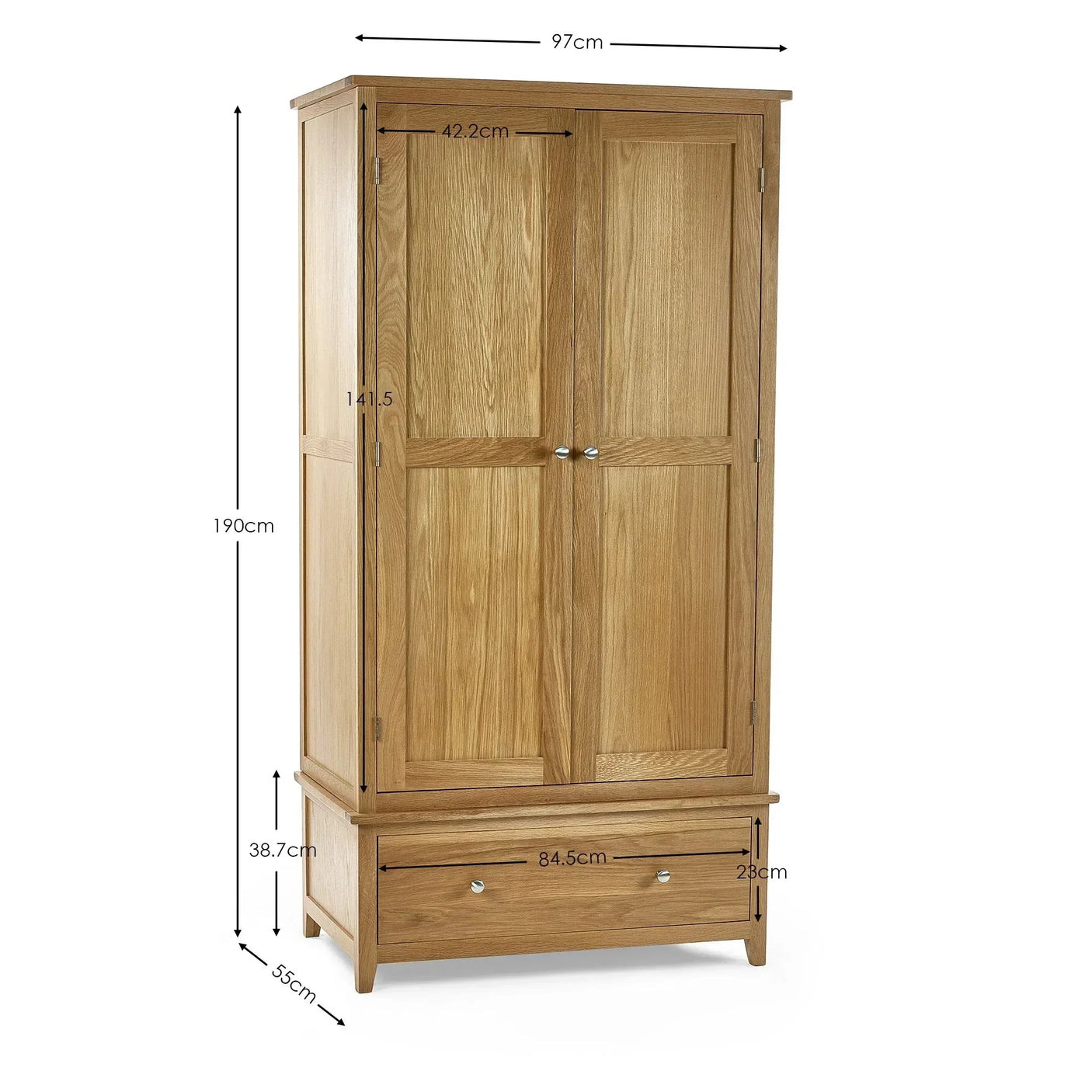 Oak wardrobe with two paneled doors, lower storage drawer, and detailed size measurements