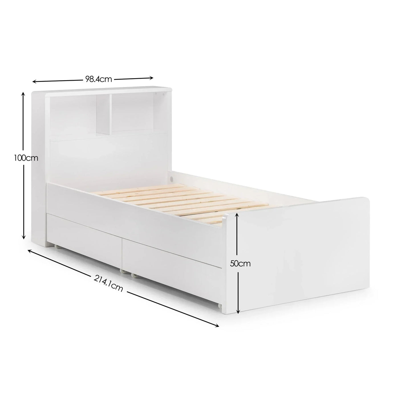 White wooden bed frame with headboard shelf, storage drawers and labelled measurements