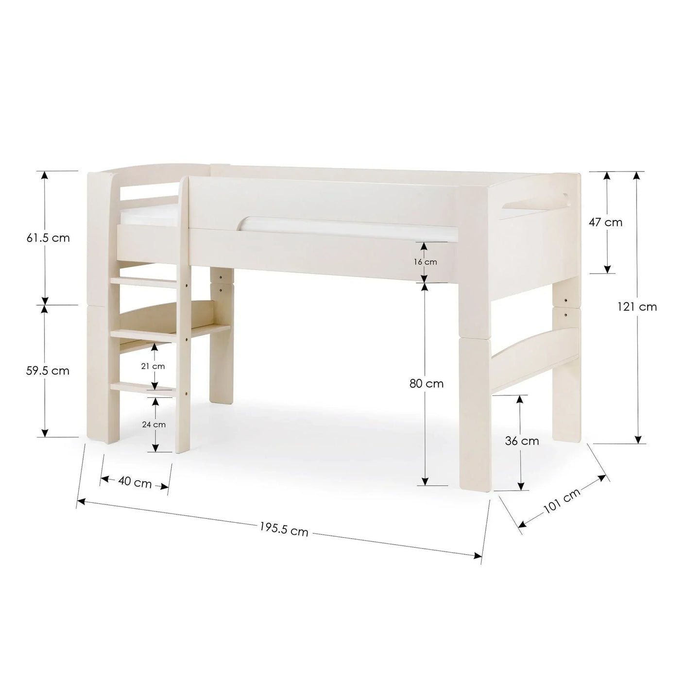 White wooden kids mid sleeper bed with ladder, safety rails and detailed measurements shown