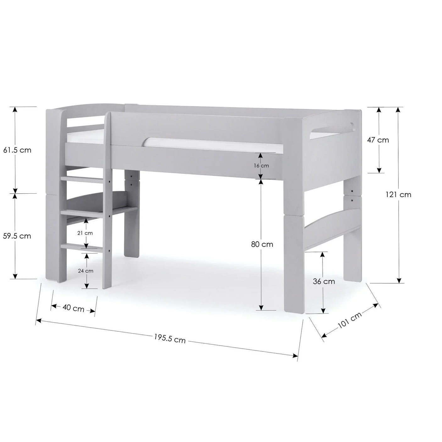 Grey wooden mid sleeper bed with ladder, shown with full dimensions in centimeters