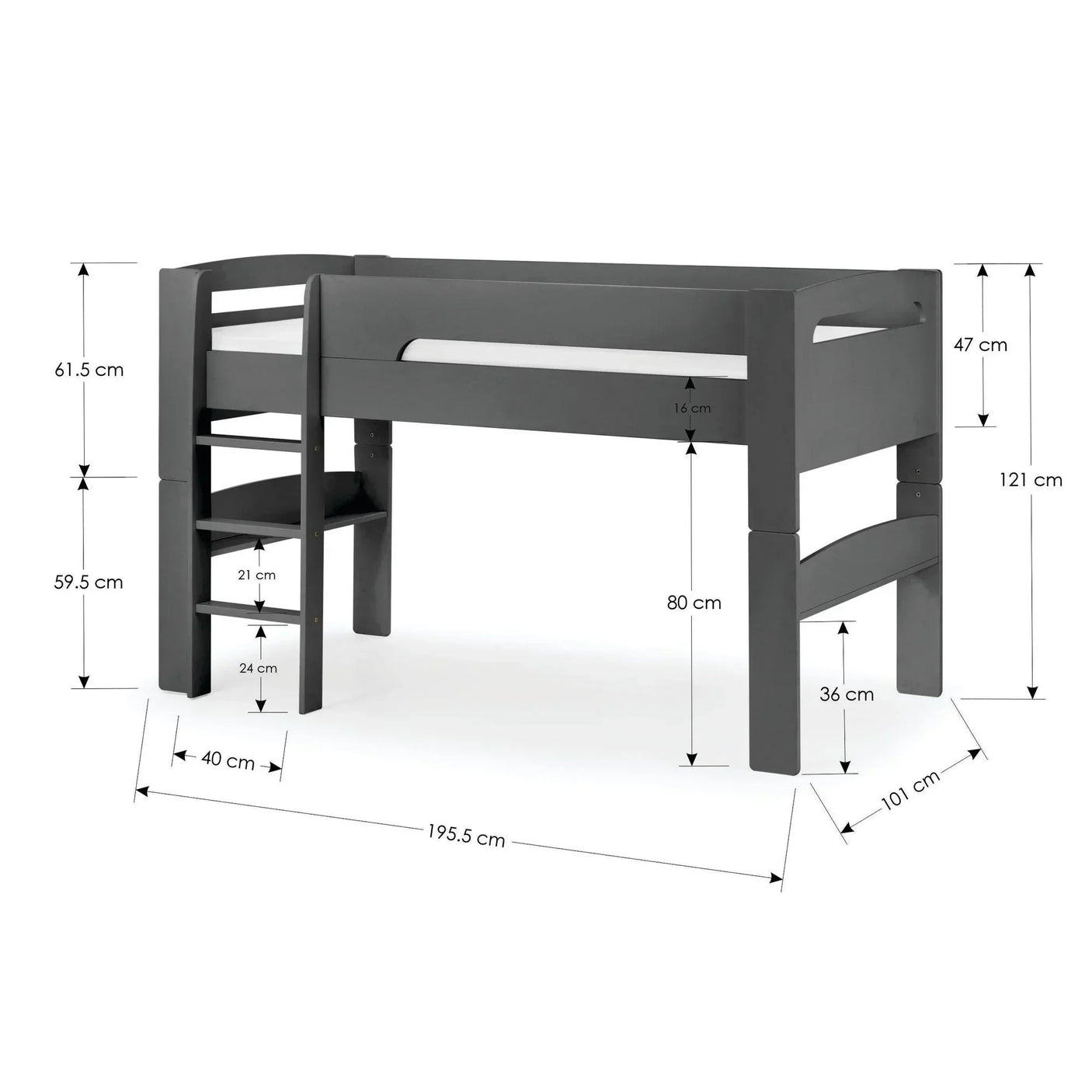 Grey wooden mid sleeper bed with ladder and detailed dimensions shown