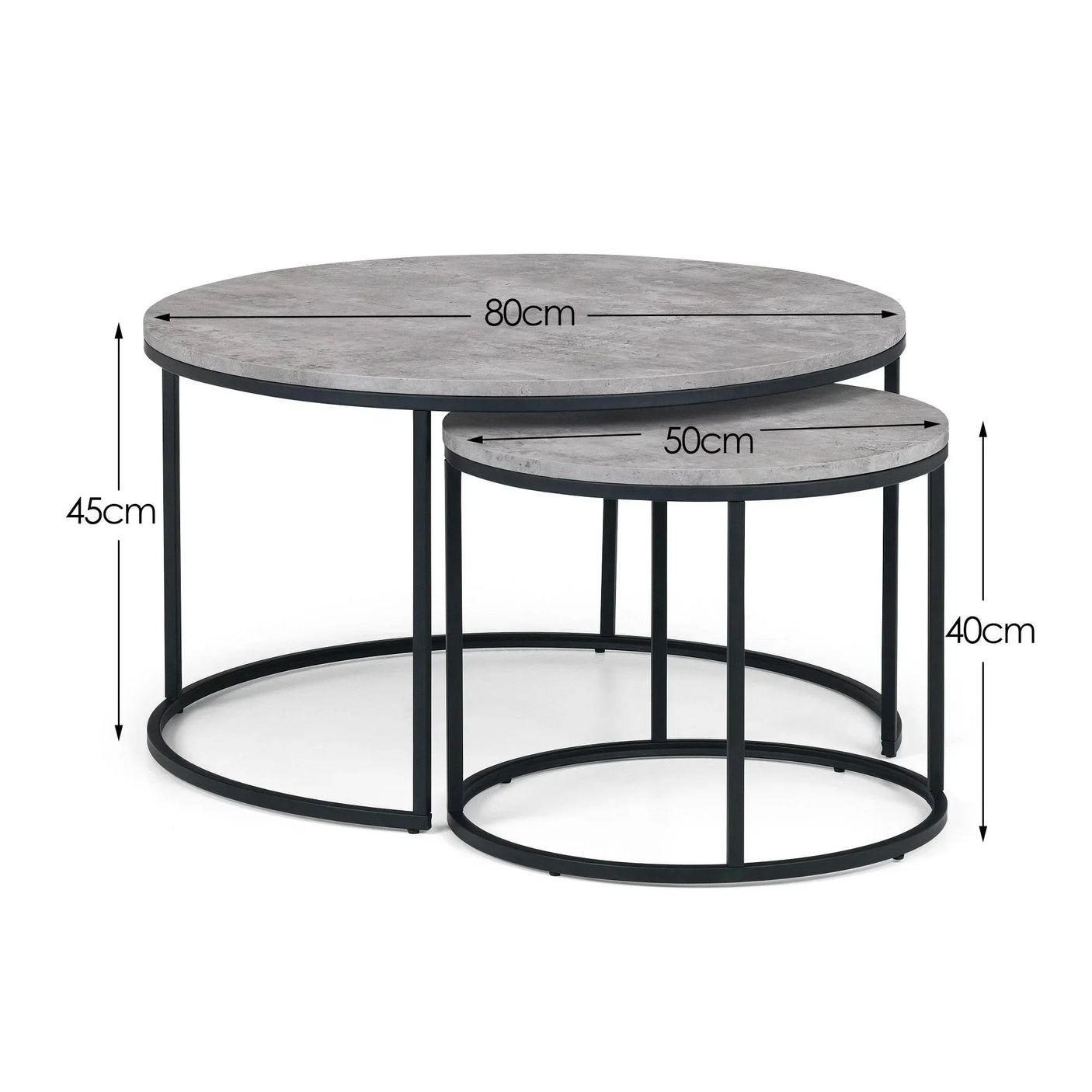 Round nesting coffee tables with black metal frame and grey tops, size measurements shown