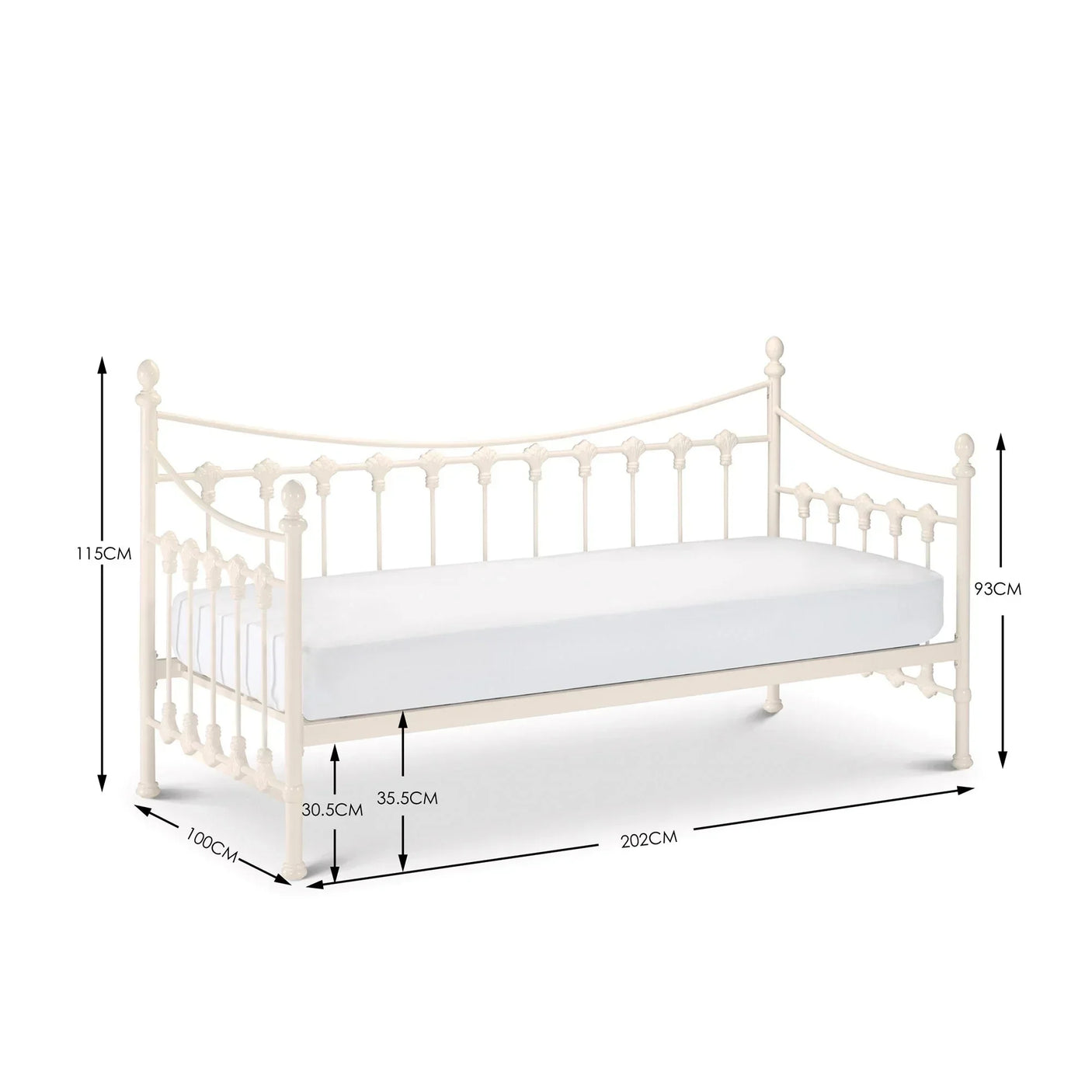Cream metal day bed frame with ornate headboard and footboard, mattress, and size dimensions