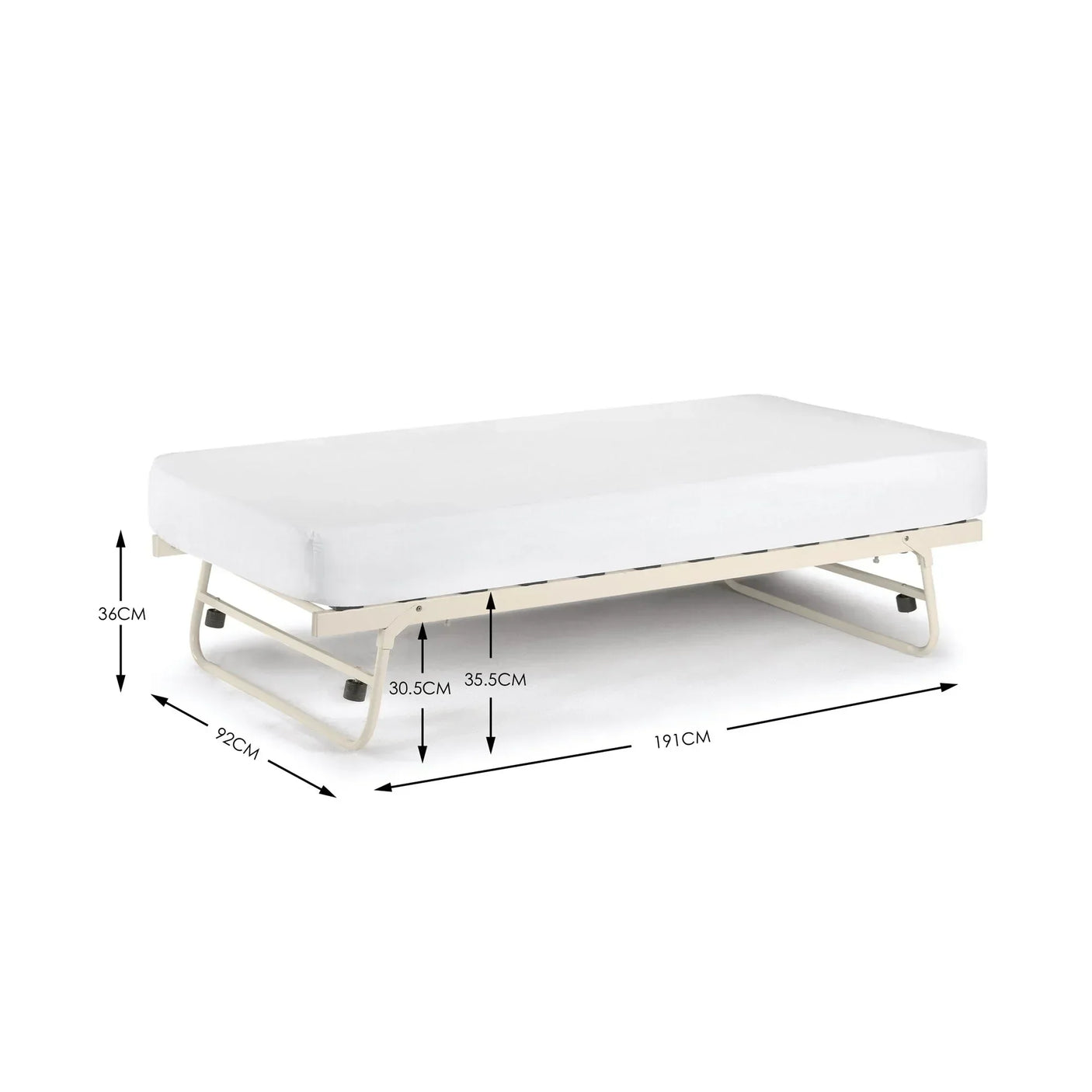 Foldable guest bed with white mattress on metal frame, dimensions marked in centimeters