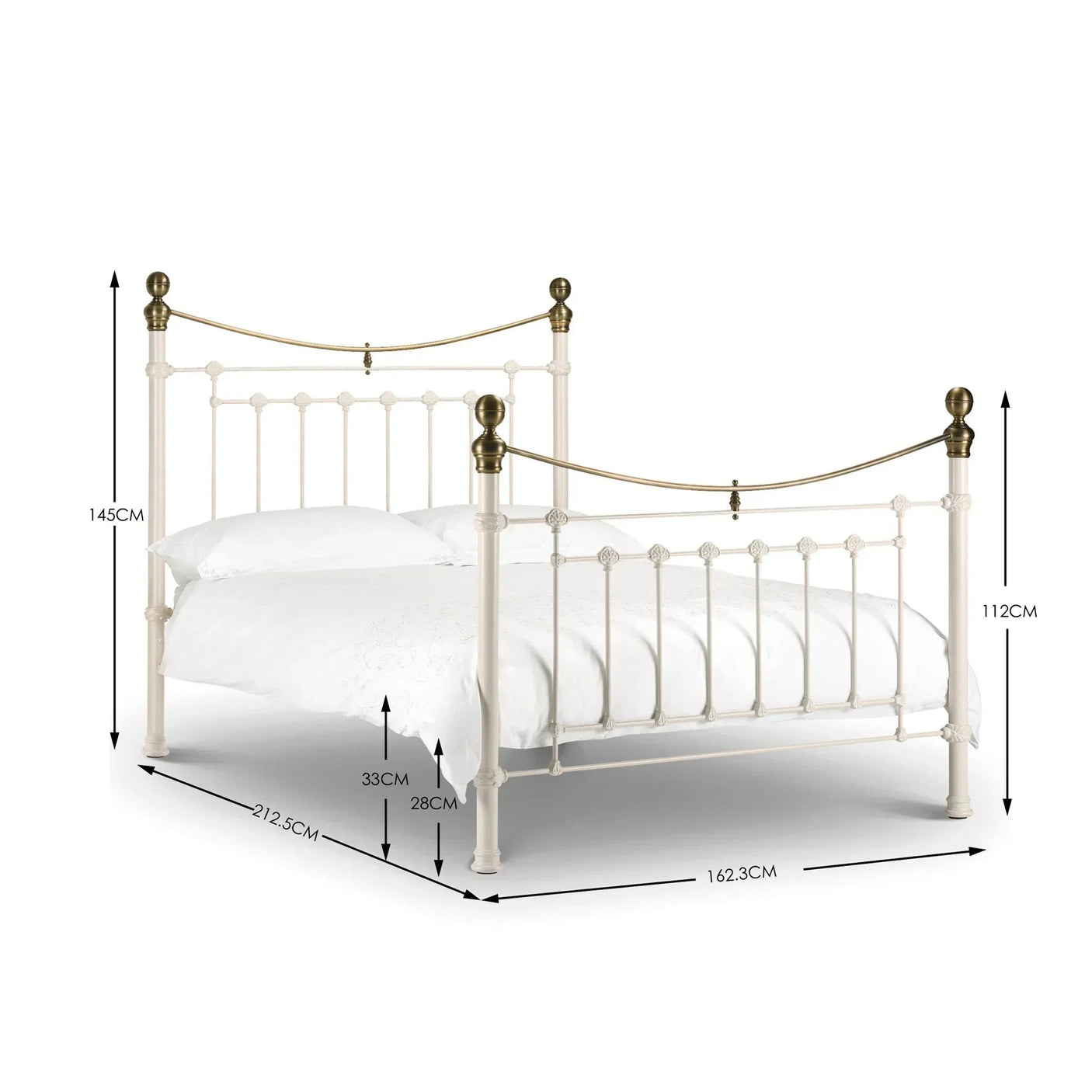 Cream metal bed frame with brass accents and measurements, shown with white bedding