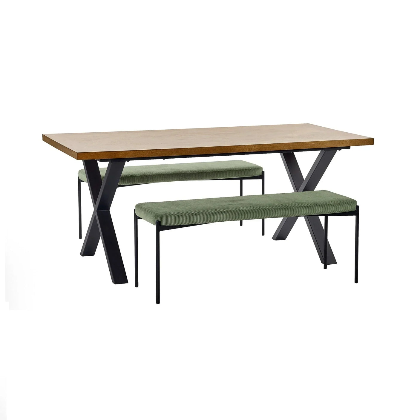 Rectangular wooden dining table with black metal legs and two green fabric benches
