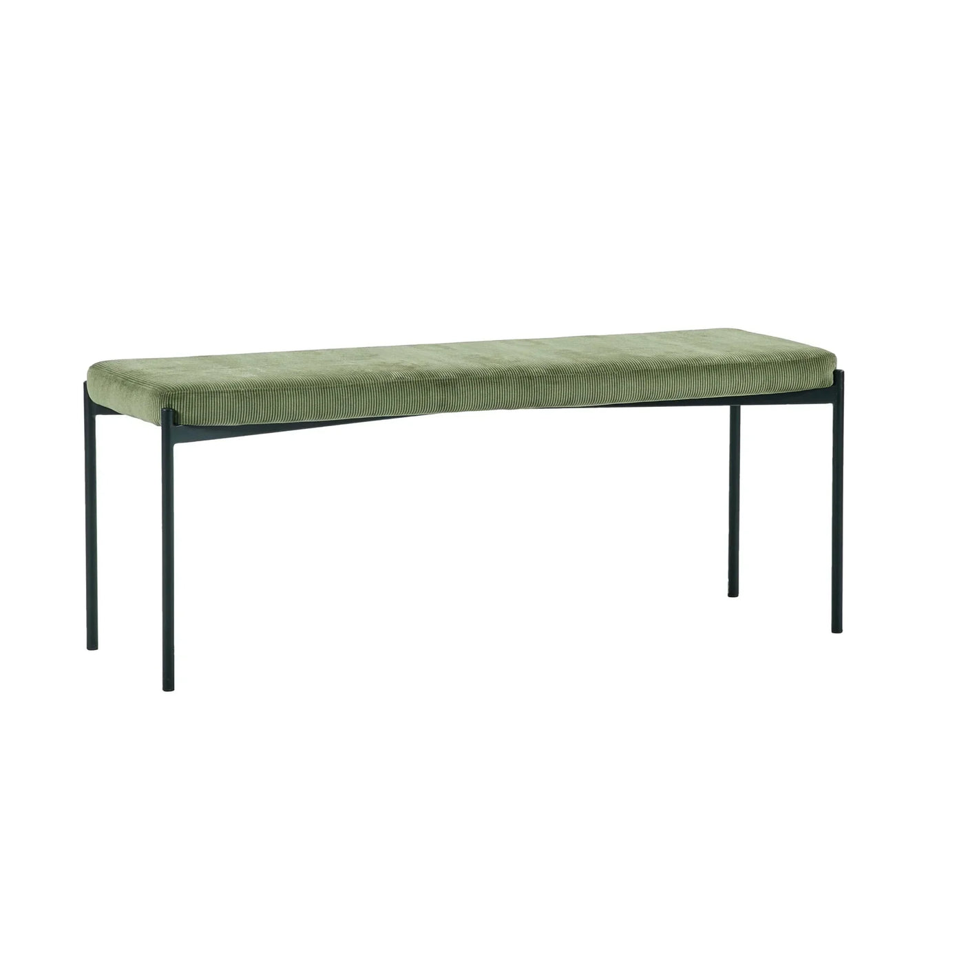 Green upholstered bench seat with slim metal legs, modern minimalist furniture style