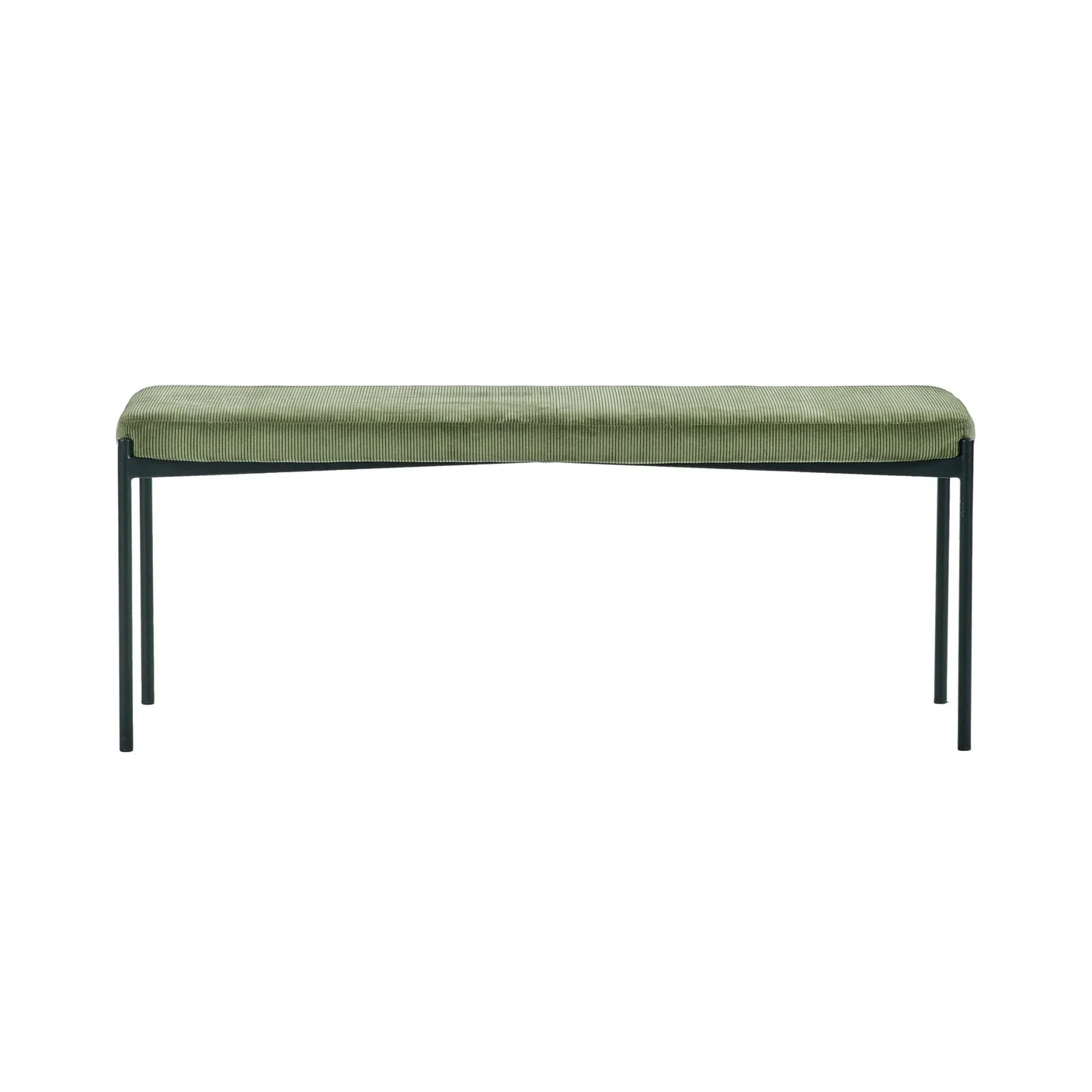 Green upholstered bench with slim metal legs, front view