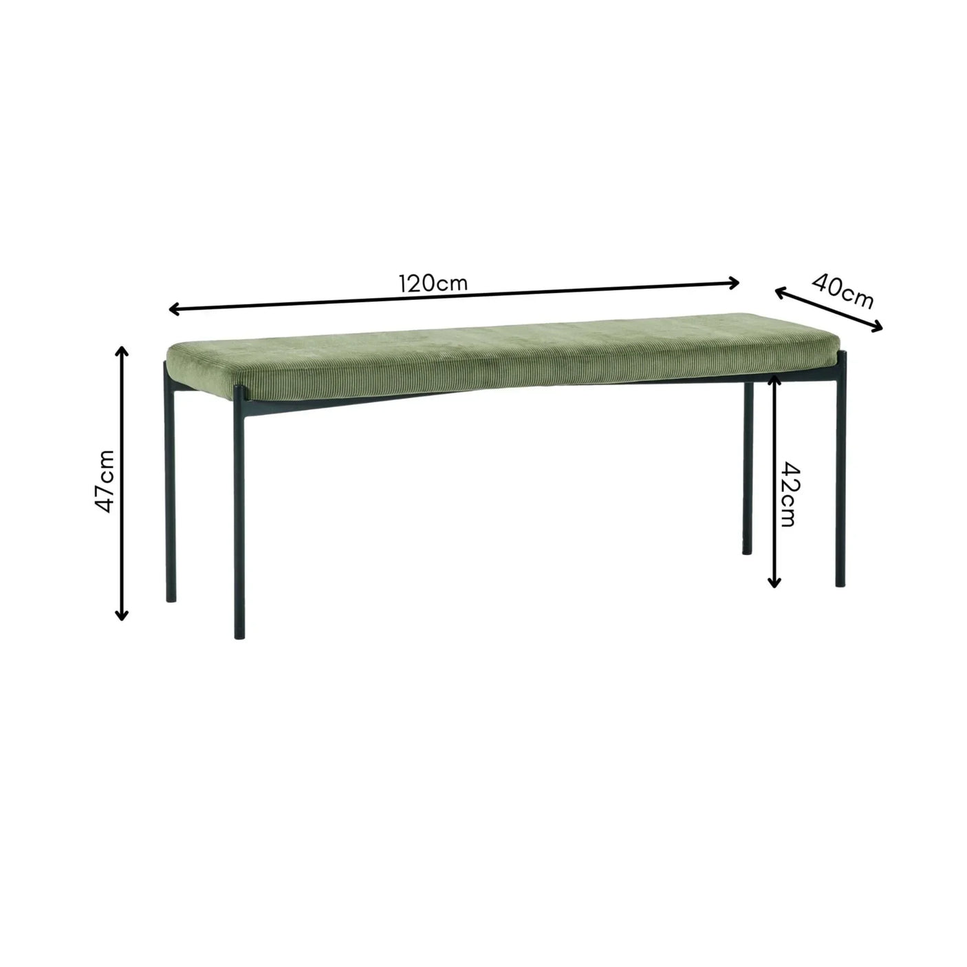 Green upholstered bench with slim black metal frame and measurements 120x40x47cm