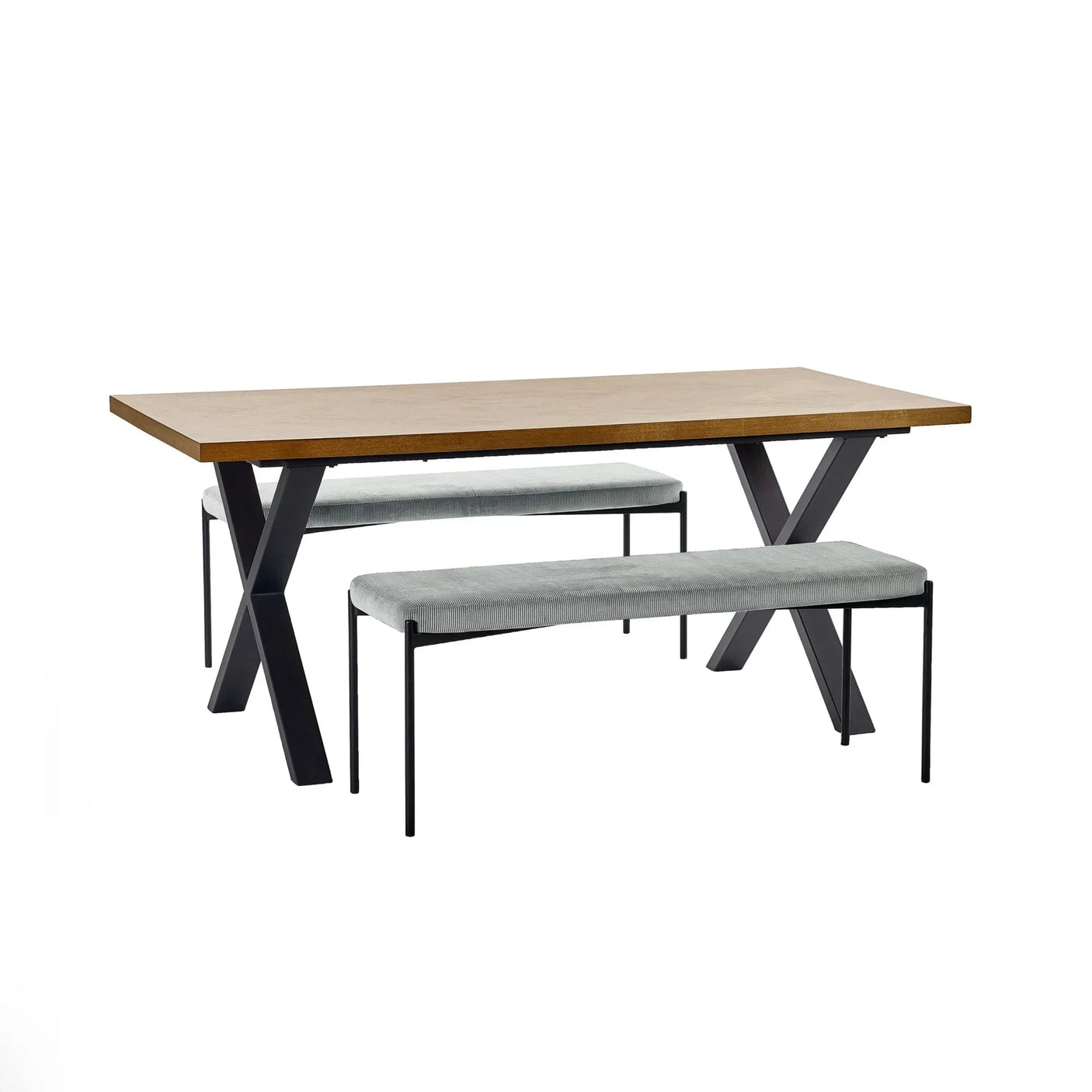 Rectangular wooden dining table with black metal legs and two grey upholstered benches
