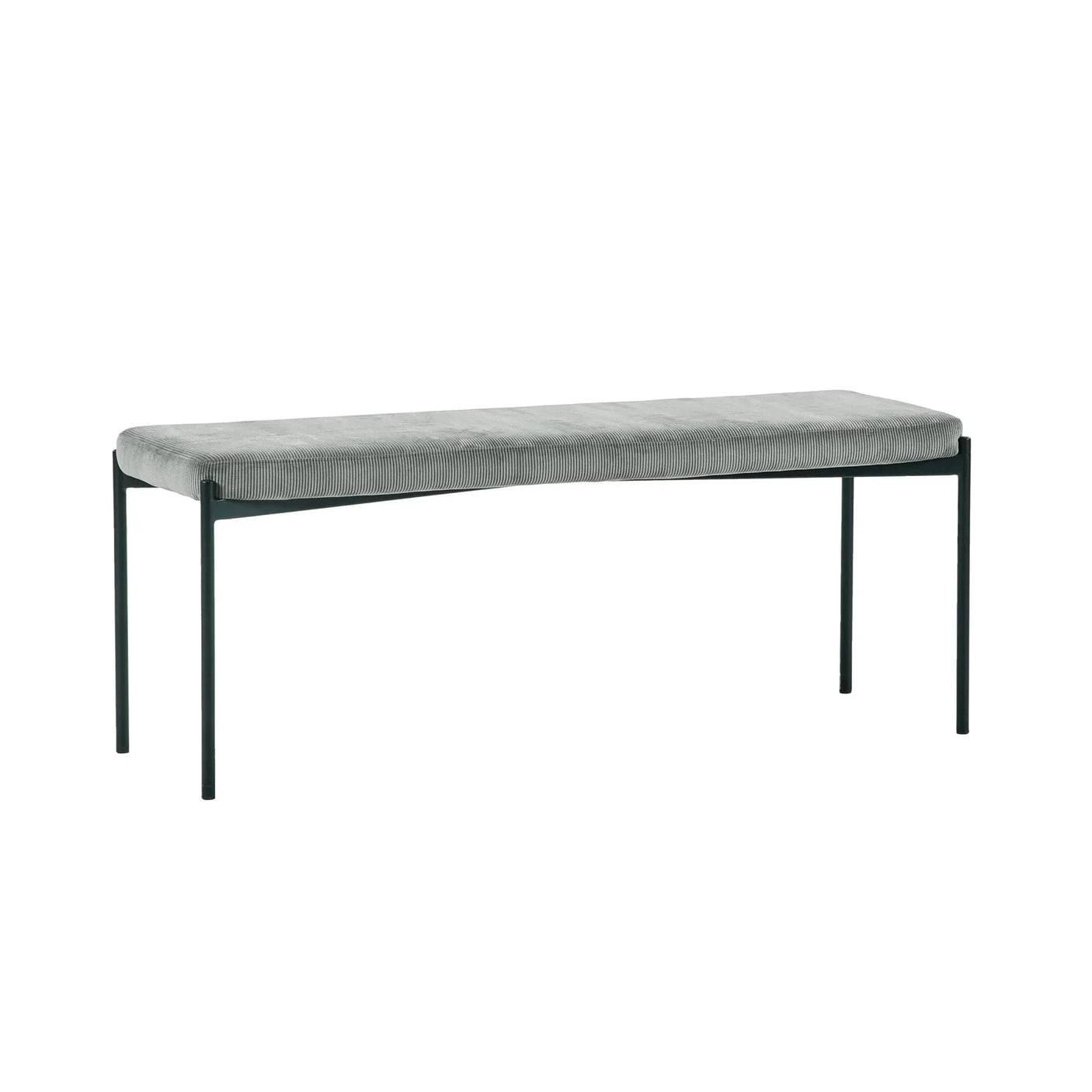 Grey upholstered bench with slim black metal legs on white background