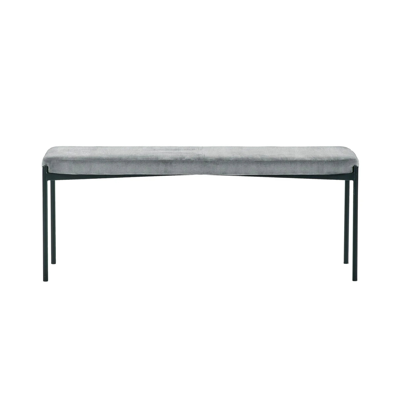 Grey fabric dining bench with slim black metal legs front view