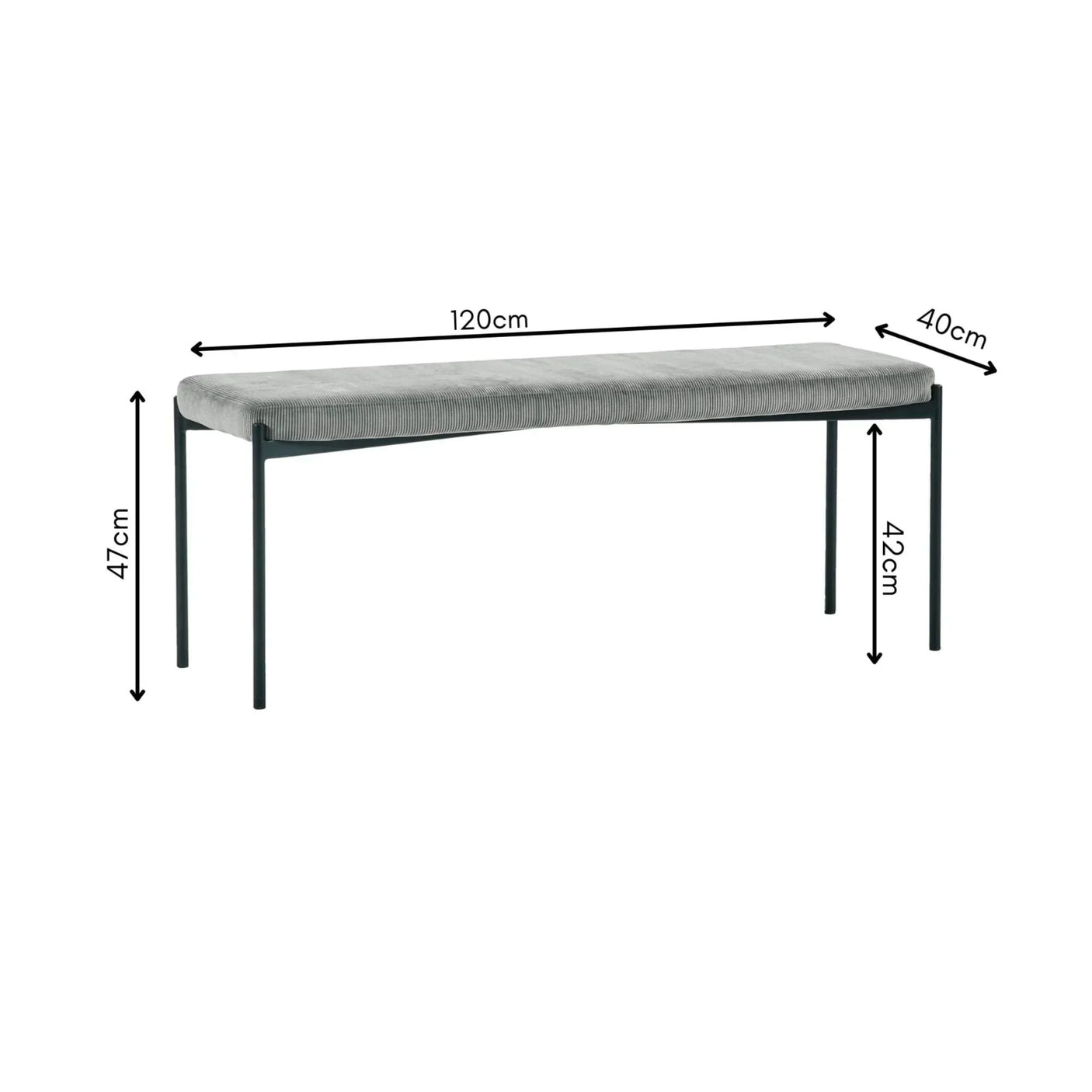 Grey fabric bench with black metal legs, labeled dimensions 120cm x 40cm x 47cm x 42cm
