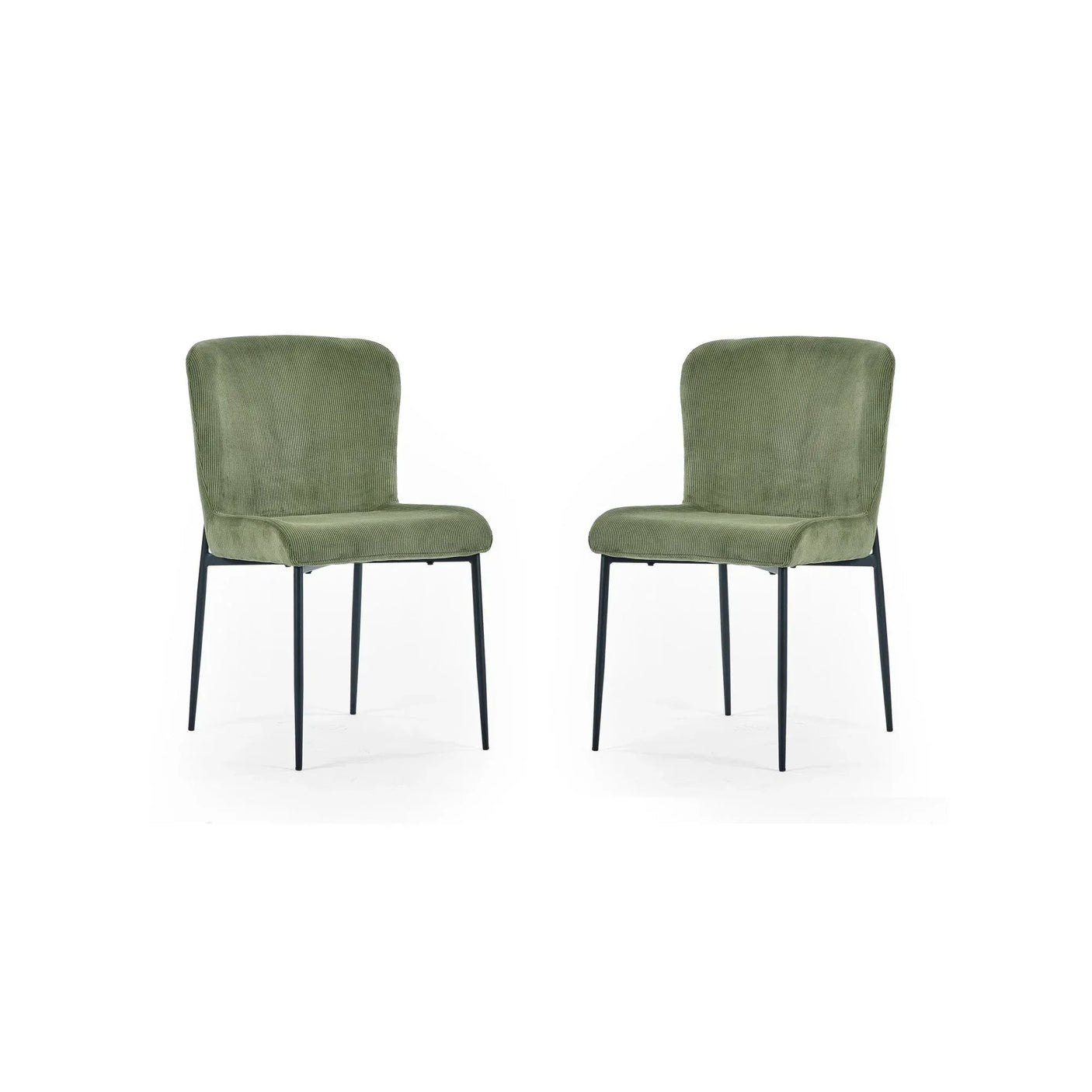 Pair of green fabric dining chairs with black metal legs on white background