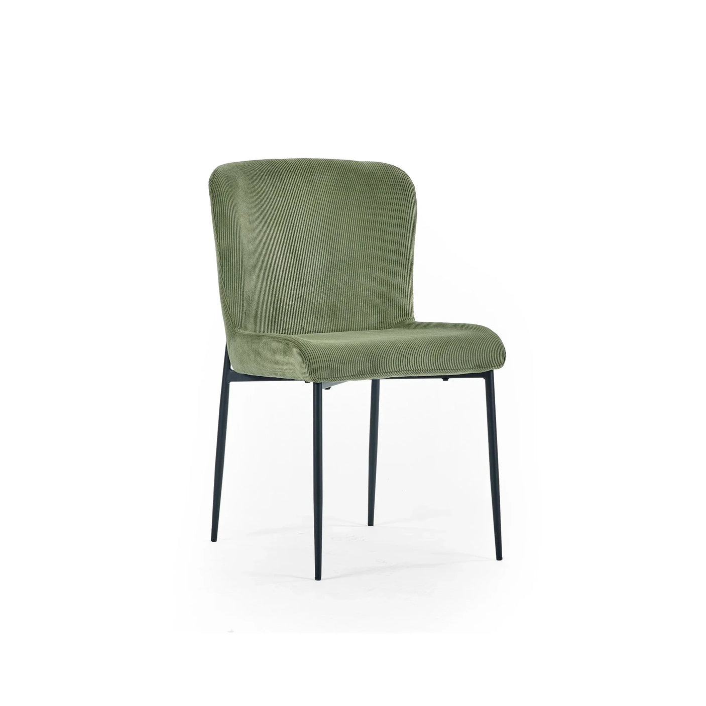 Green velvet dining chair with black metal legs, front angle view