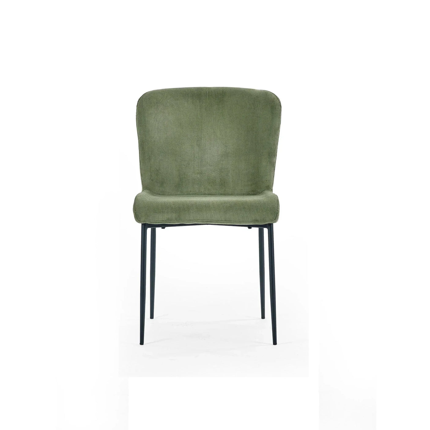 Green fabric dining chair with black metal legs, front view on white background